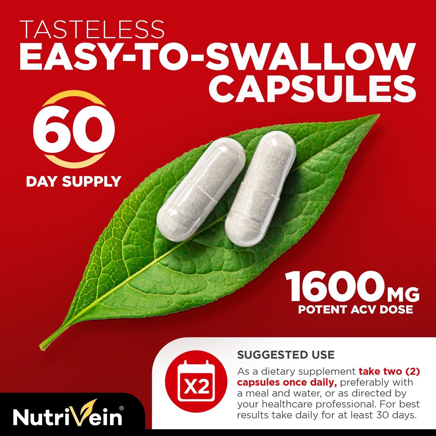 Nutrivein Premium Apple Cider Vinegar Supplements with Mother - 1600 mg - 120 Apple Cider Vinegar Capsules: ACV Pills for Digestion, Keto, Cleansing, and Balanced Nutrition