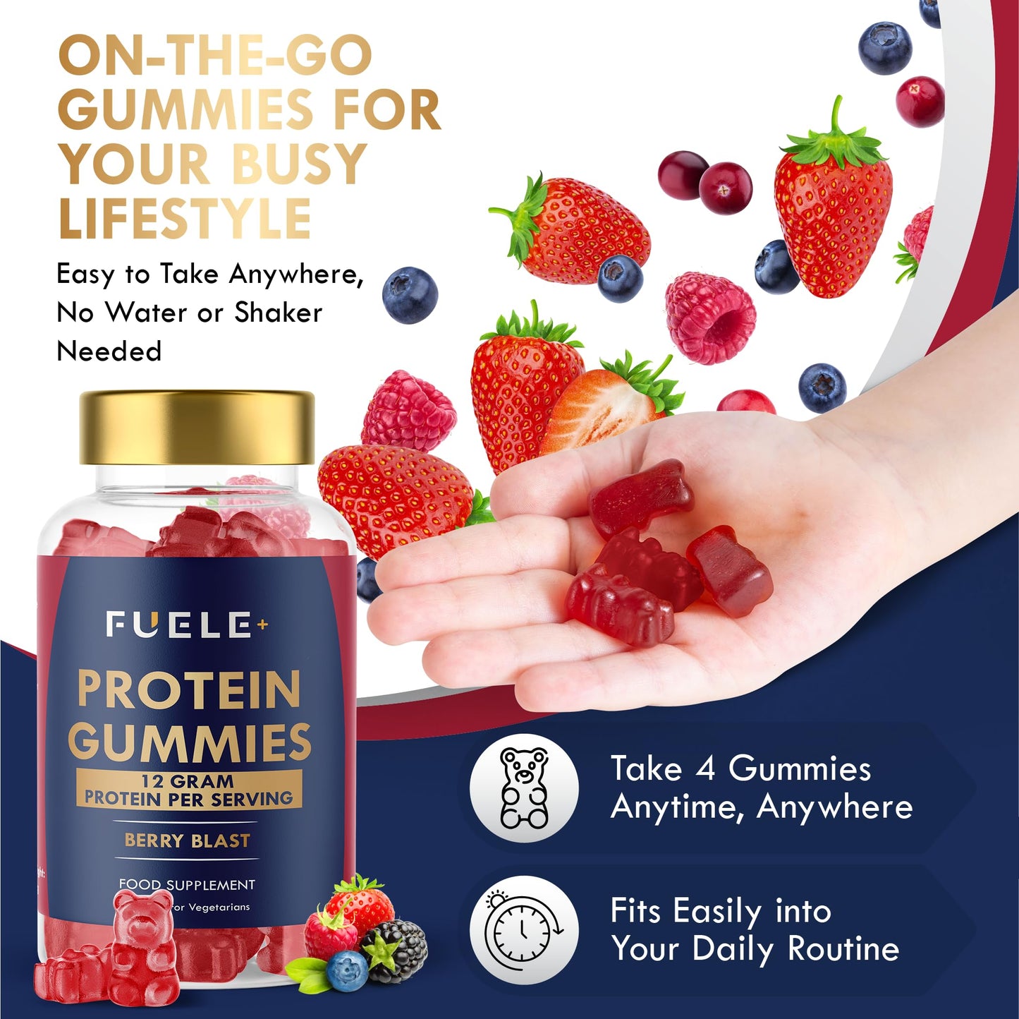 FUELE+ Whey Protein Gummies - Mixed Berry Flavour, 12g High Protein per Serving - Protein Powder Alternative, No Added Sugar, Vegetarian, Convenient Whey Protein Supplement, Muscle Recovery