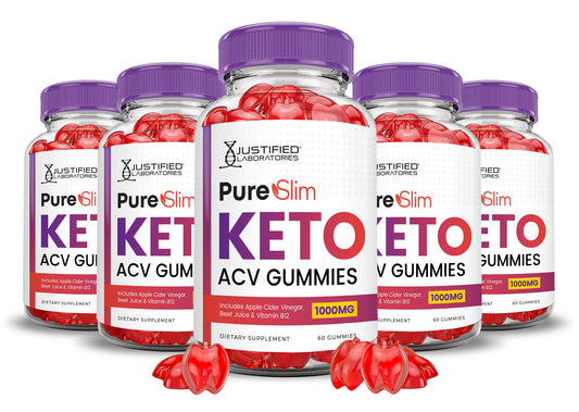 (5 Pack) Pure Slim Keto ACV Gummies Advanced Formula 1000MG PureSlim Keto Gummies Apple Cider Vinegar Formulated with Pomegranate Beet Juice Powder B12 Vegan Non GMO 300 Gummys