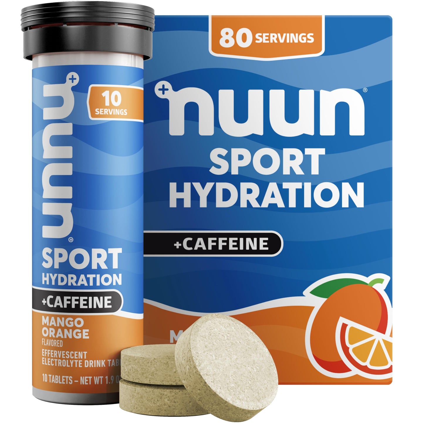Nuun Sport Electrolyte Tablets with Caffeine from Green Tea Extract, Magnesium, Calcium, Potassium, Chloride & Sodium, Gluten Free & Vegan, Mango Orange, 8 Pack (80 Servings Total)