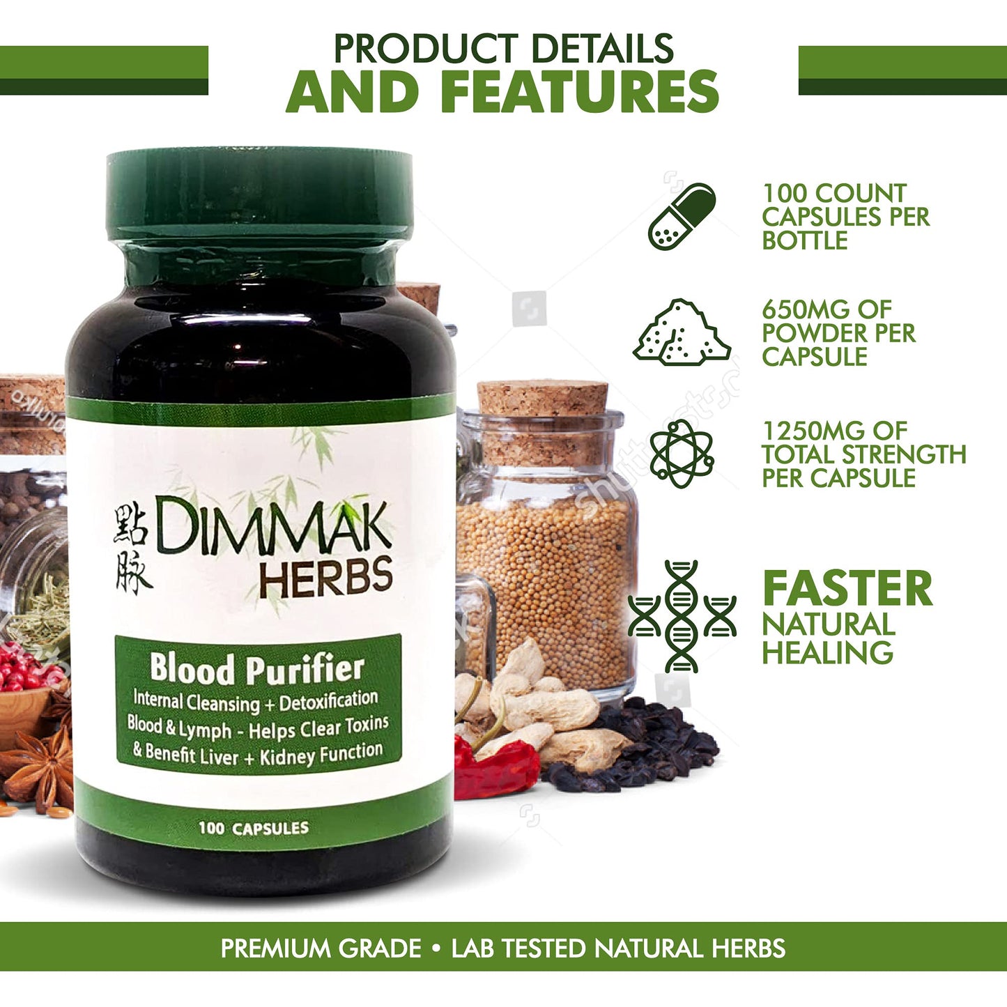 Dimmak Herbs Certified Organic Blood Purifier for Internal Cleansing & Detoxification + Benefits Liver and Kidney Function | Lab Tested Herbal Supplement 100 Capsules