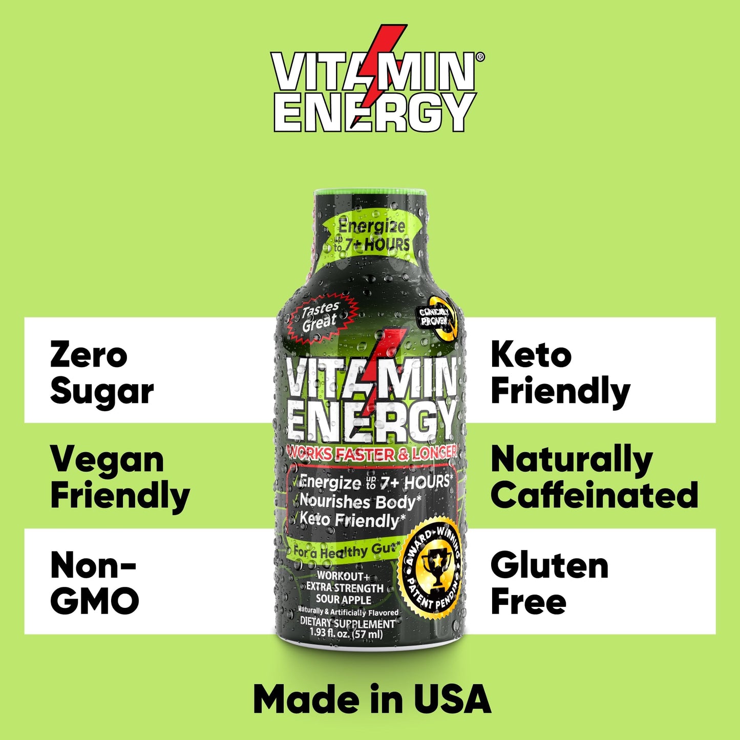 Vitamin Energy Workout+ Energy Shot - Sour Apple - 100% DV B-Vitamins & 260mg Natural Caffeine - Zero Calories, Sugar-Free, Vegan, Non-GMO - Pre-Workout & Endurance Support