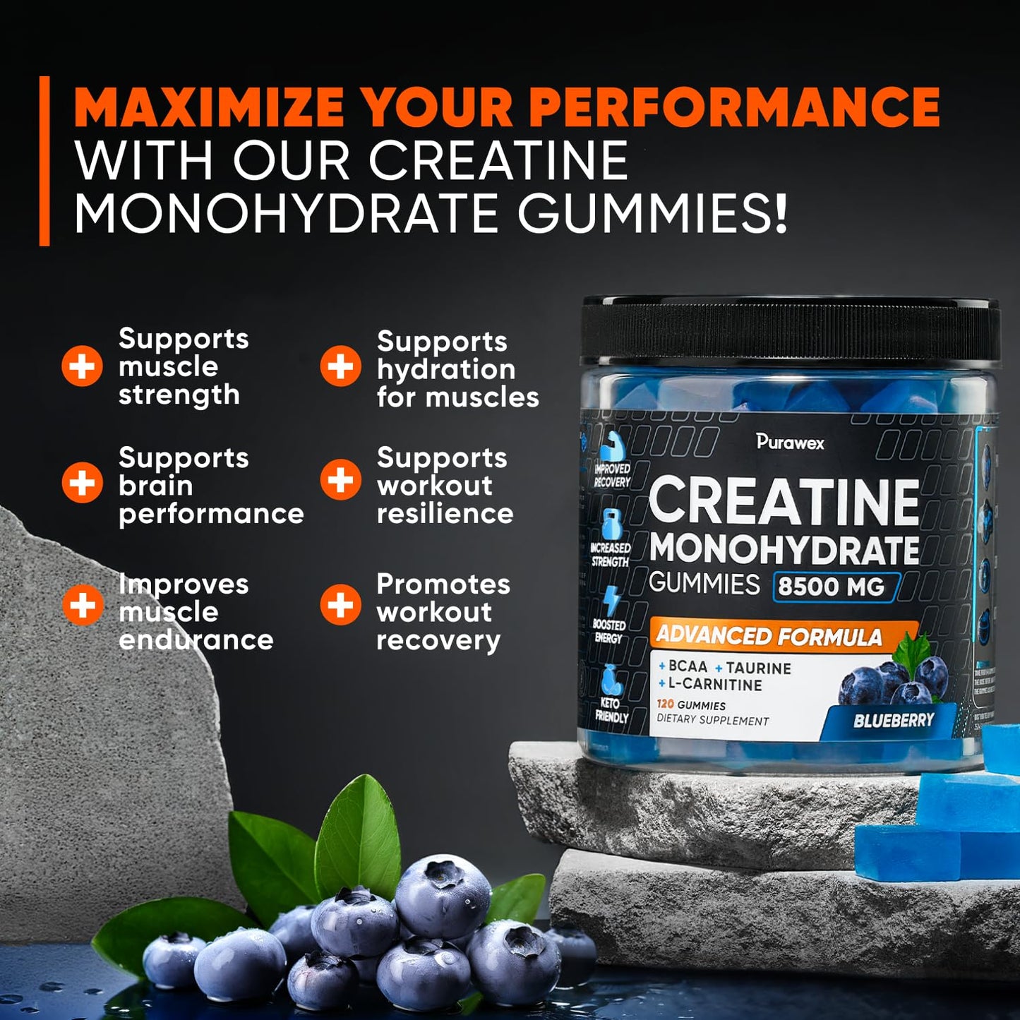 Creatine Monohydrate Gummies 8500mg Complex for Men & Women, Preworkout Gummy with L-Carnitine, BCAA, Taurine for Muscle Growth, Strength & Energy Support, Sugar Free, Vegan,Blueberry Flavor,120 Count