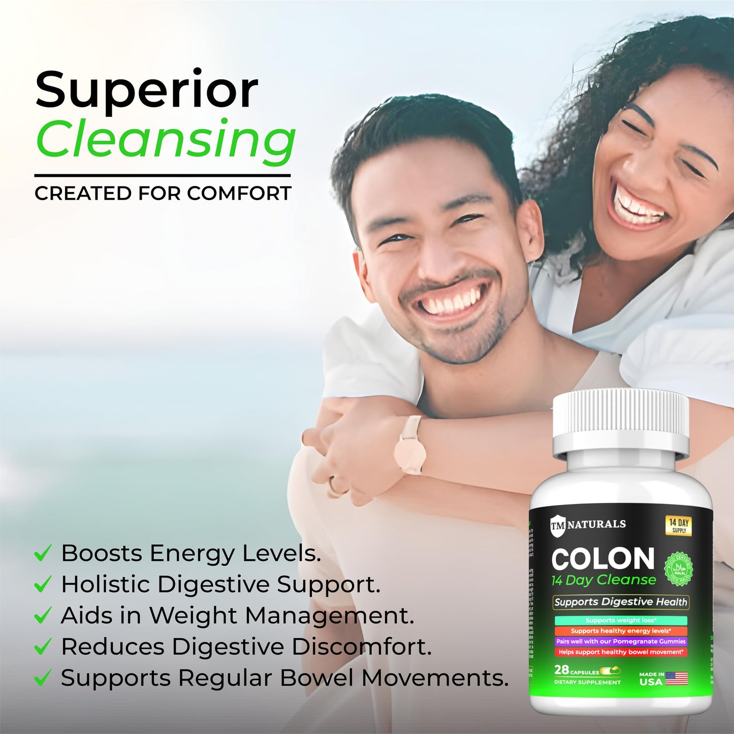 TM NATURALS Colon 14 Day Cleanse - Support Gut Health, Cleanse and Detox - Finest Herbs Like Psyllium Hush, Cascara Sagrada & Senna Leaf - 28 Capsules - 2 Bottles