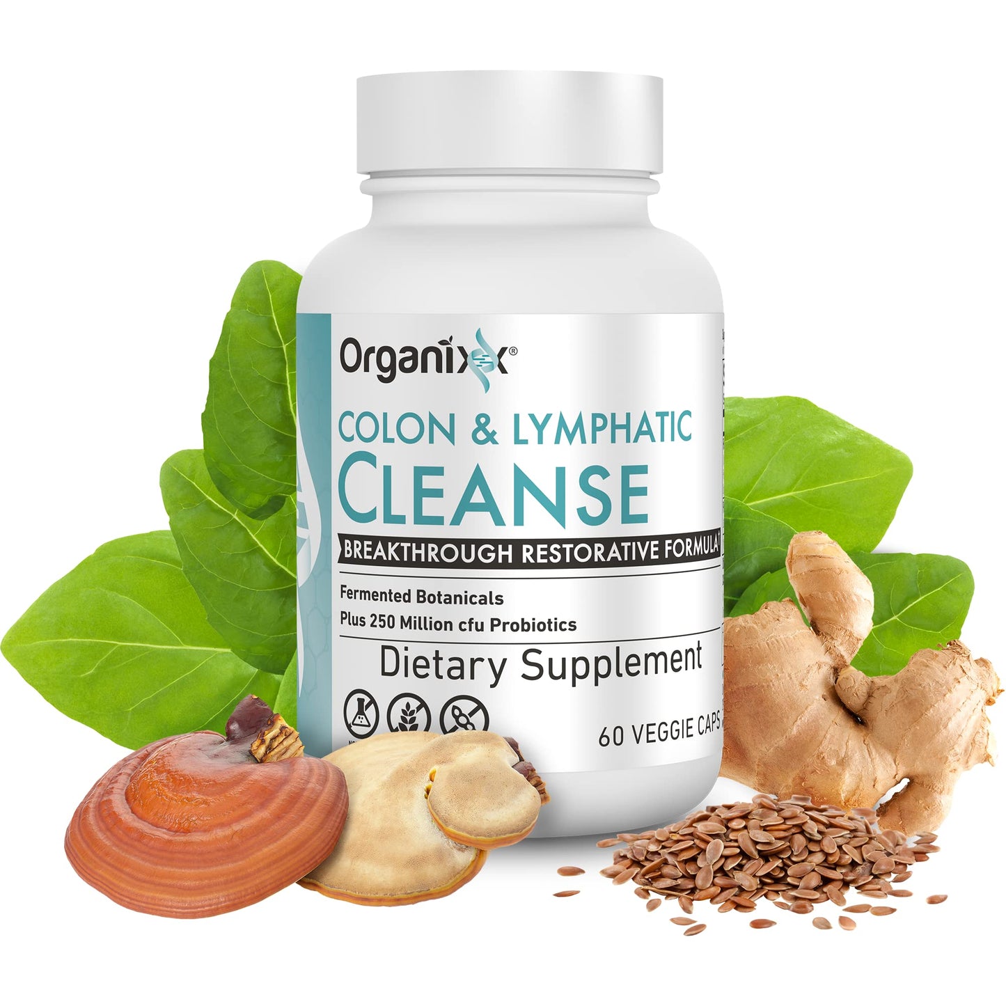 Organixx USDA Organic Lymphatic & Colon Cleanse Supplement, 250 Million CFU Probiotics for Gut Health, Digestive & Lymphatic Support, Gluten Free, Non GMO, 60 Vegetarian Capsules