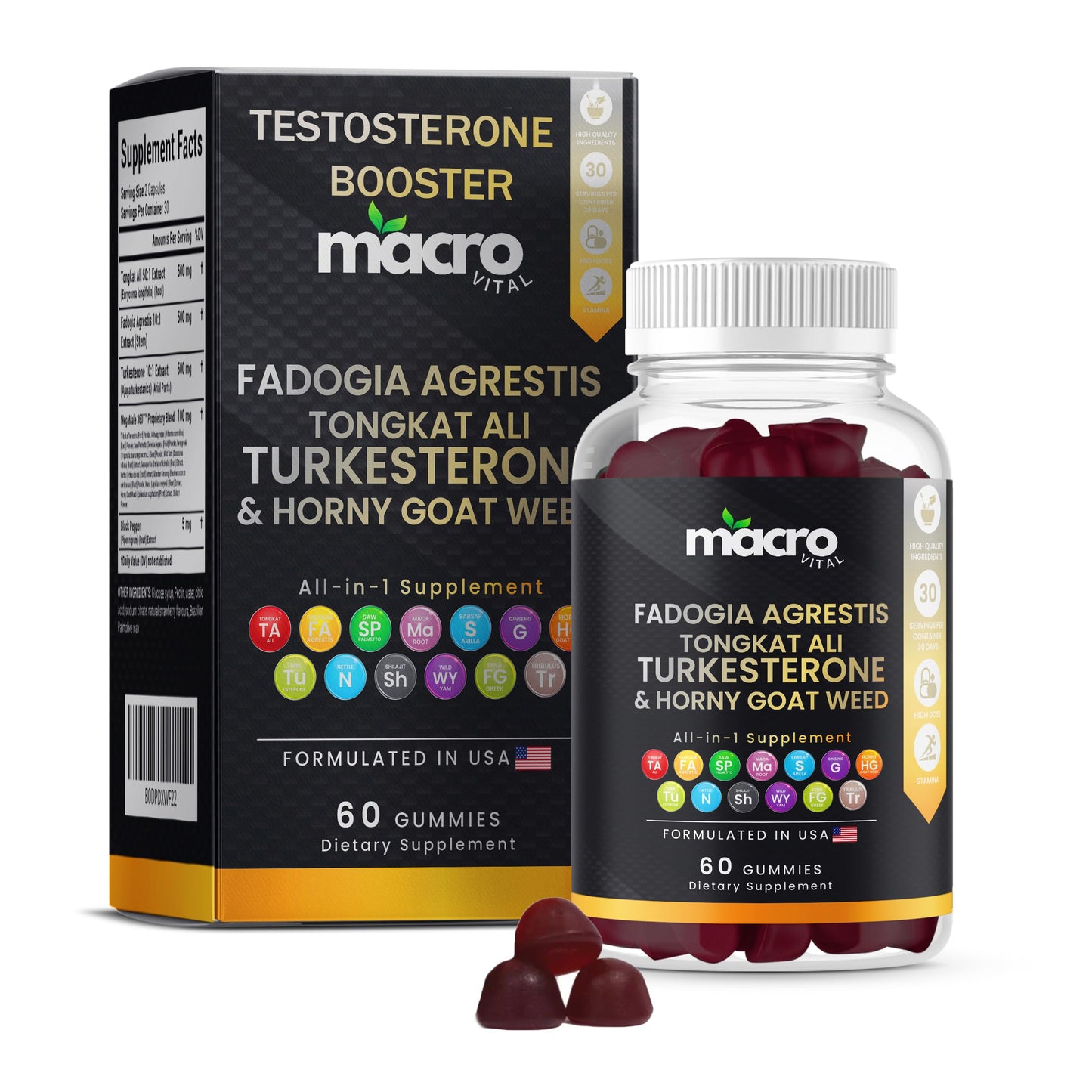 Testosterone Booster Supplement for Men,10x Strength Masculinity Boost, Turkesterone, Fadogia Agrestis, Tongkat Ali, Horny Goat Weed, Maca Root, Tribulus Terrestris,Muscle Builder+Testo Gummies 60Ct
