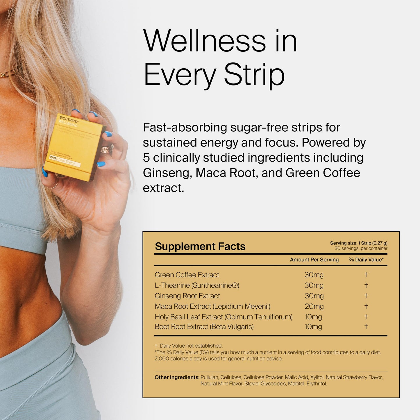 BIOSTRIPS® Clean Energy - Energy Supplements - 6-in-1 Oral Supplement Strips - Brain Supplement for Memory & Focus - Holy Basil, Maca Root, Ginseng, Beet Root, L-Theanine, Green Coffee - 30 ct