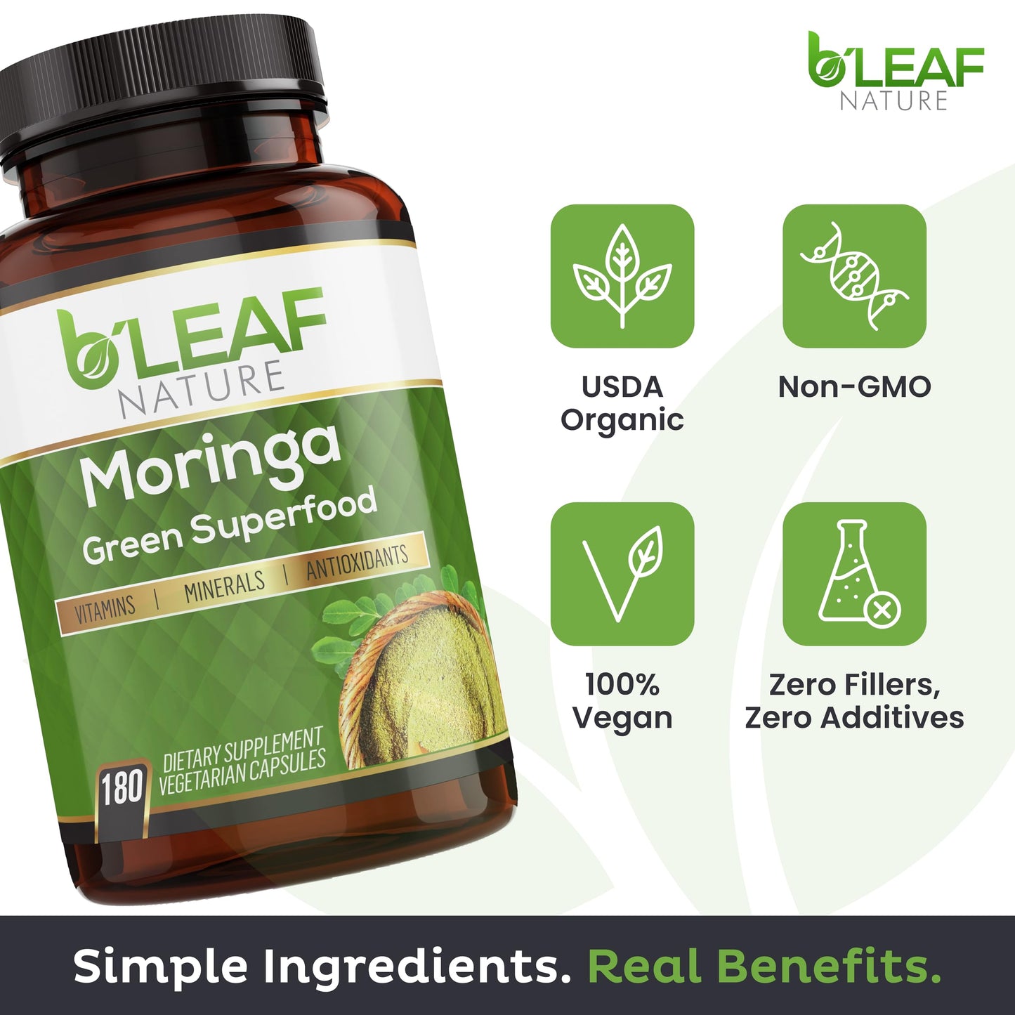 B'LEAF NATURE Organic Moringa Oleifera 180 Capsules, 1000mg - Organic Moringa Powder Capsules - Pure Moringa Leaf Capsules Energy Natural Wellness & Immune Support - Vegan, Non-GMO Moringa Supplement