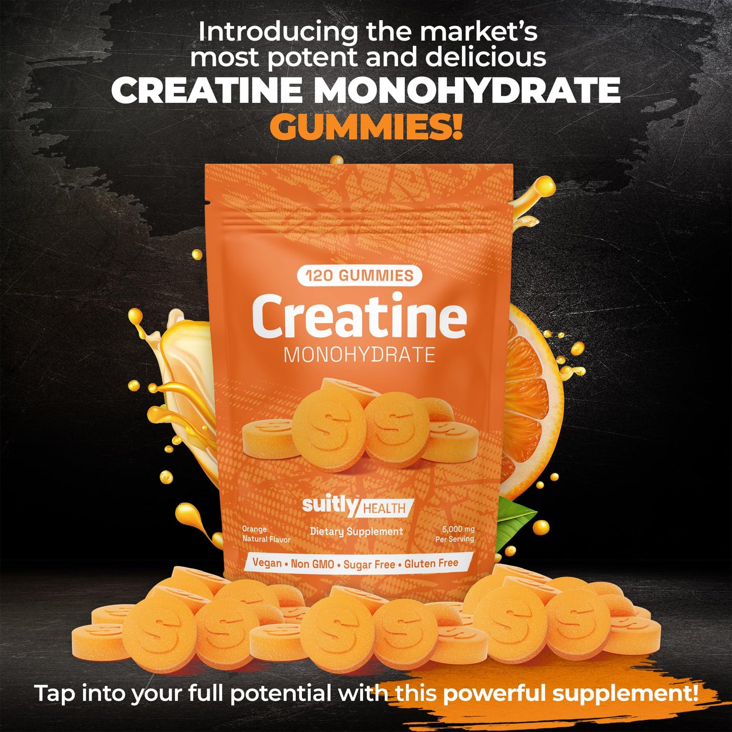 Suitly Creatine Monohydrate Gummies for Men & Women, 5g Sugar-Free Creatine Monohydrate Gummies for Muscle Gain & Recovery, Delicious Pre Workout Chews with Handy Pouch (Orange, 120 Count)