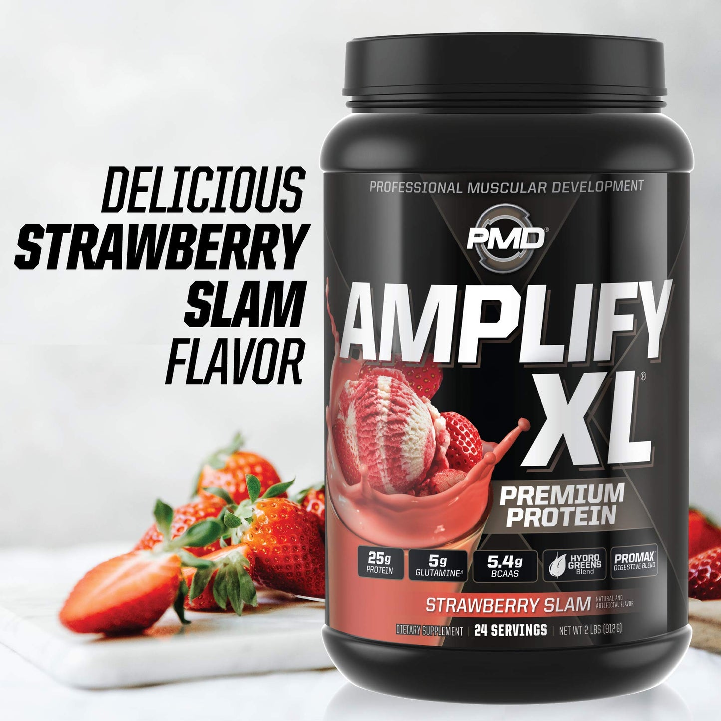 PMD Sports Amplify XL Premium Whey Protein Supplement Hydro Greens Blend - Glutamine and Whey Protein Matrix with Superfood for Muscle, Strength and Recovery - Strawberry Slam (24 Servings)