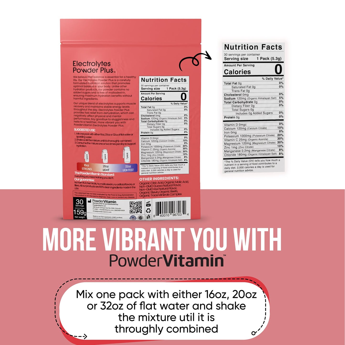 PowderVitamin Electrolytes Powder Plus, Keto, Guava Kiwi, Zero Sugar, 1000mg Potassium, 120mg Calcium, 120mg Magnesium, Non-GMO, Zero Calories, 30 Hydration Packets