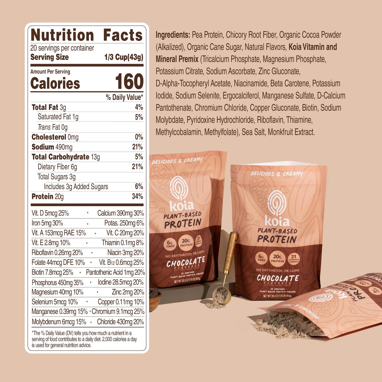 Koia Plant Based Protein Powder, Chocolate, 20g Protein, 3g Sugar, 6g Prebiotic Fiber, Pre & Post Workout, 21 Vitamins & Minerals, No Seed Oils, Dairy-Free, Gluten-Free, Non-GMO, 20 Servings, 28.2 Oz