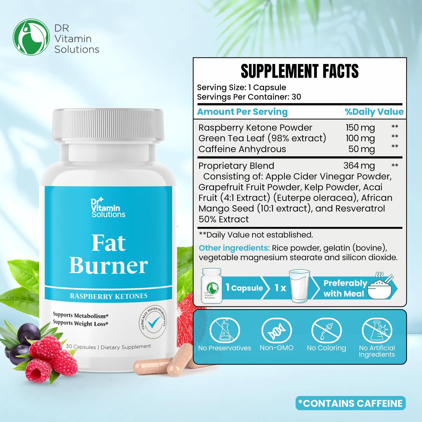 Fat Burner Raspberry Ketones with Green Tea & African Mango - Supports Weight Loss & Metabolism, Non-GMO, All-Natural Formula, 30 Capsules