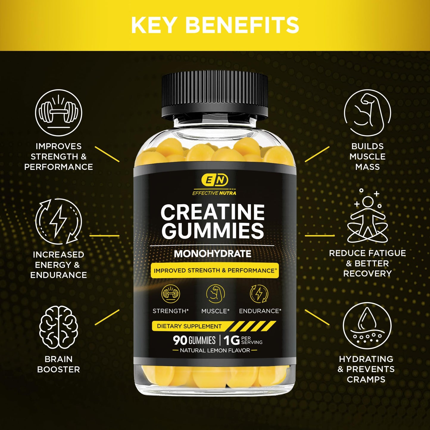 EFFECTIVE NUTRA Creatine Monohydrate Gummies | 1g Per Gummy | Vegan Creatine Gummies Supplement for Men & Women | Strength, Muscle Growth, Energy, Endurance | Natural Lemon Flavor, Made in USA (90ct)