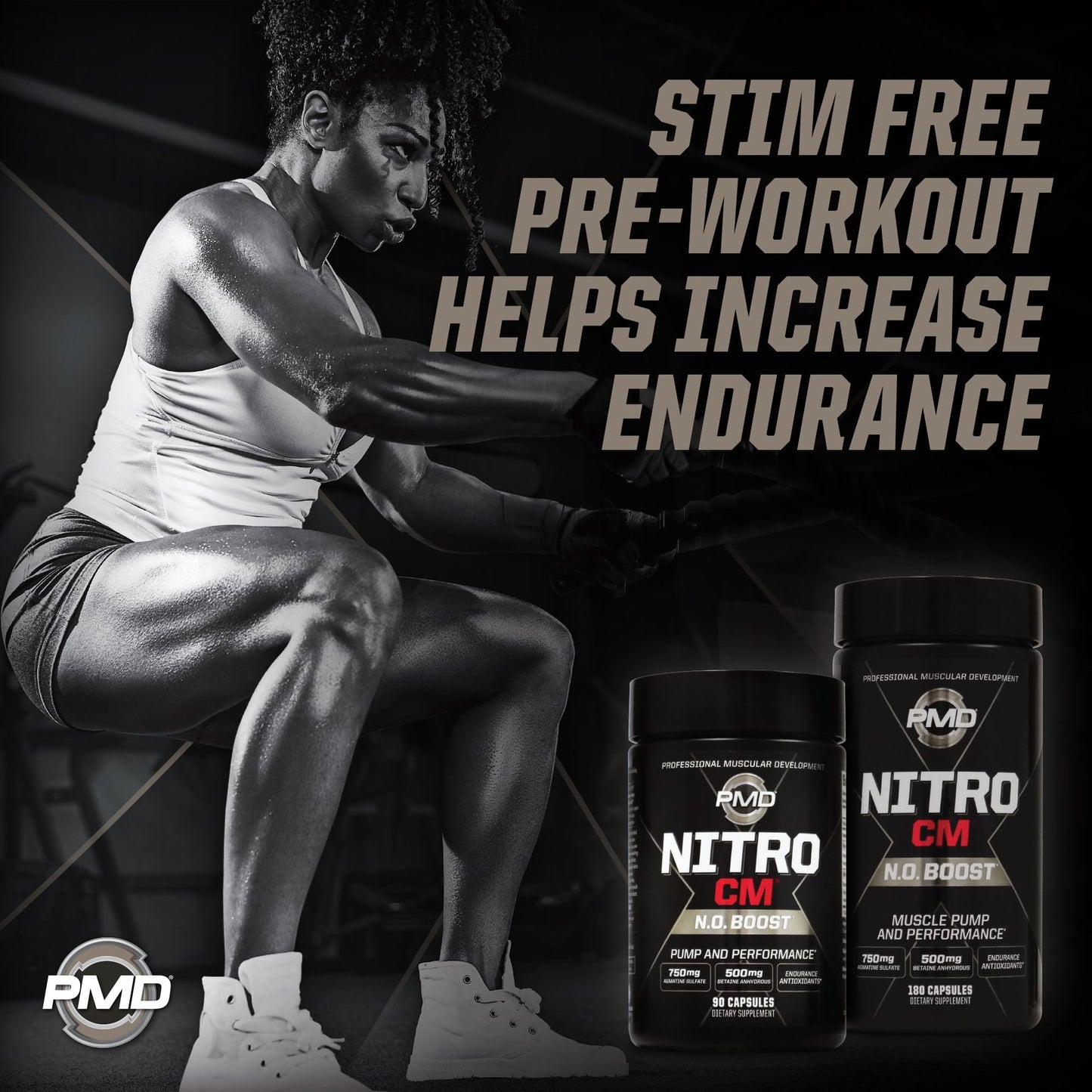 PMD Sports Nitro cm - Nitric Oxide with Agmatine Pre Workout Supplement - Muscle Growth Pre Workout with L Arginine - Endurance Boost for Hardcore Exercise, Training, and Bodybuilding - 90 Capsules