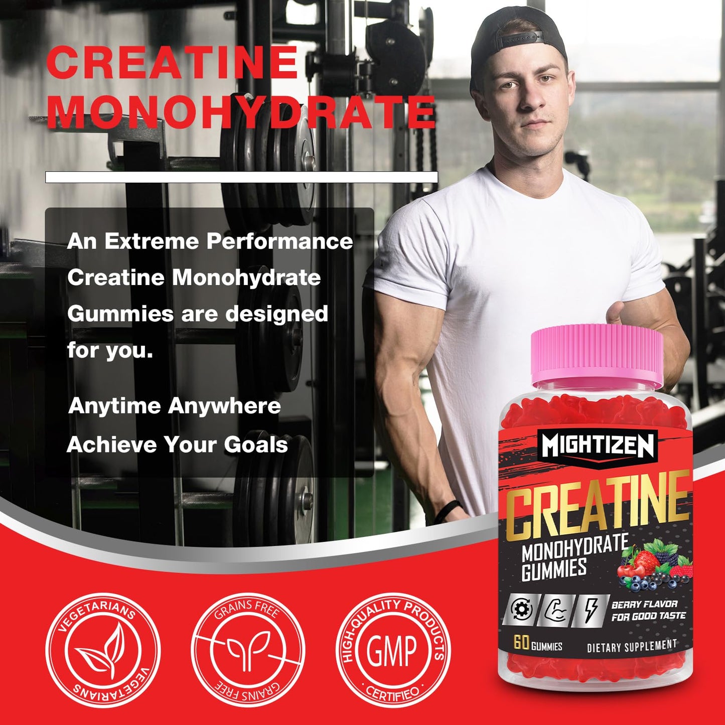 Creatine Monohydrate Gummies for Men & Women, Creatine Monohydrate per Serving with Taurine & Vitamin B12, Creatine Pre-Workout Gummies for Max Strength, Energy & Endurance - 2 Pack