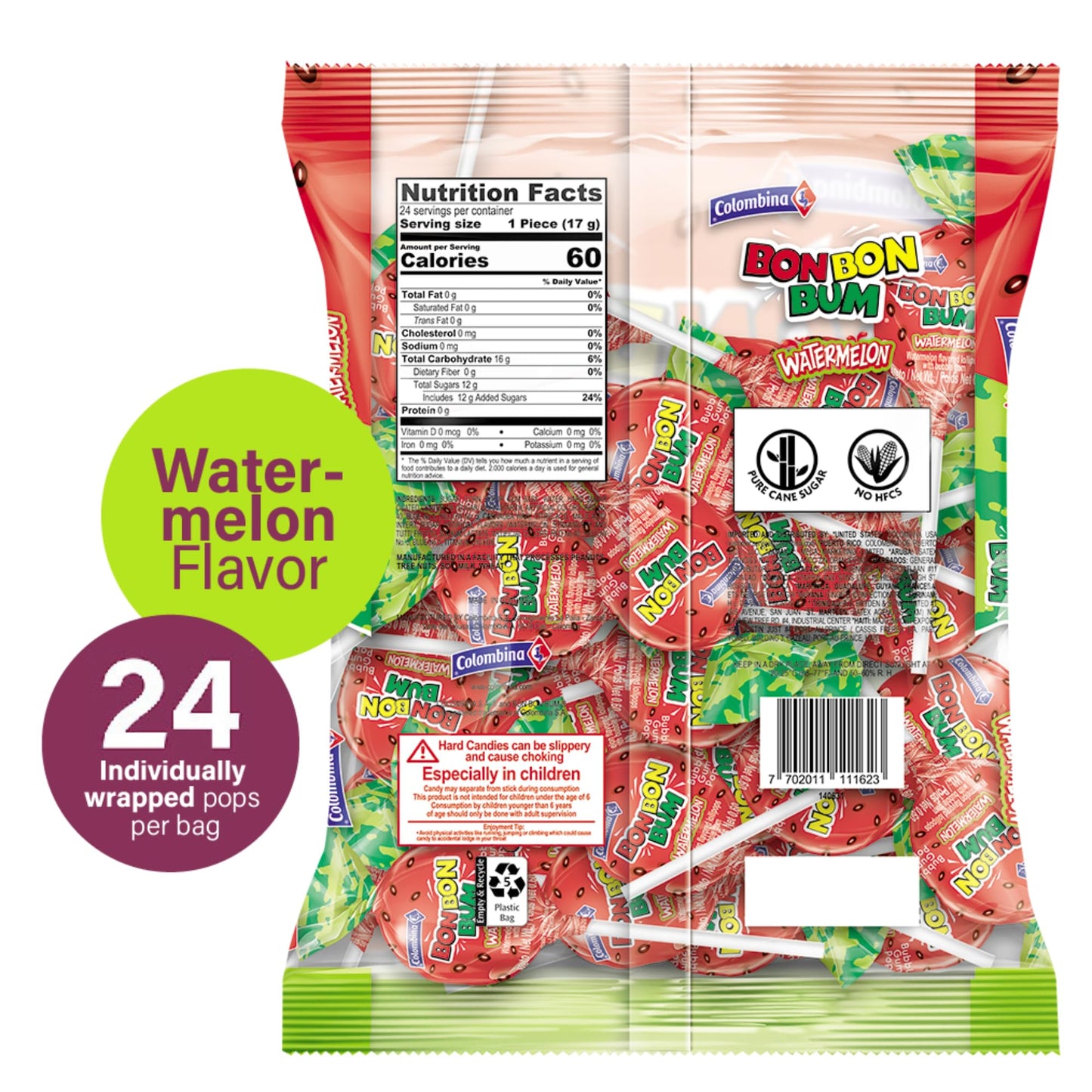 Colombina Bon Bon Bum Lollipops wBubble Gum Center Watermelon Flavor Individually Wrapped Ideal for Party Favors and Gifts 1 Pack 24 Count