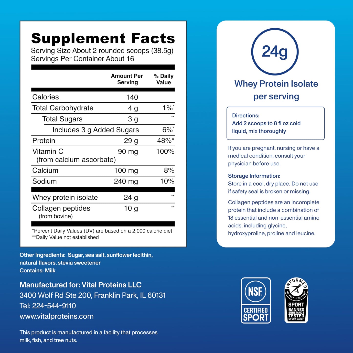 Vital Proteins Whey Protein Powder+ Collagen Peptides, 24g Protein Supporting Recovery & Joint Health, with Vitamin C, About 16 Servings - Vanilla 21.7oz