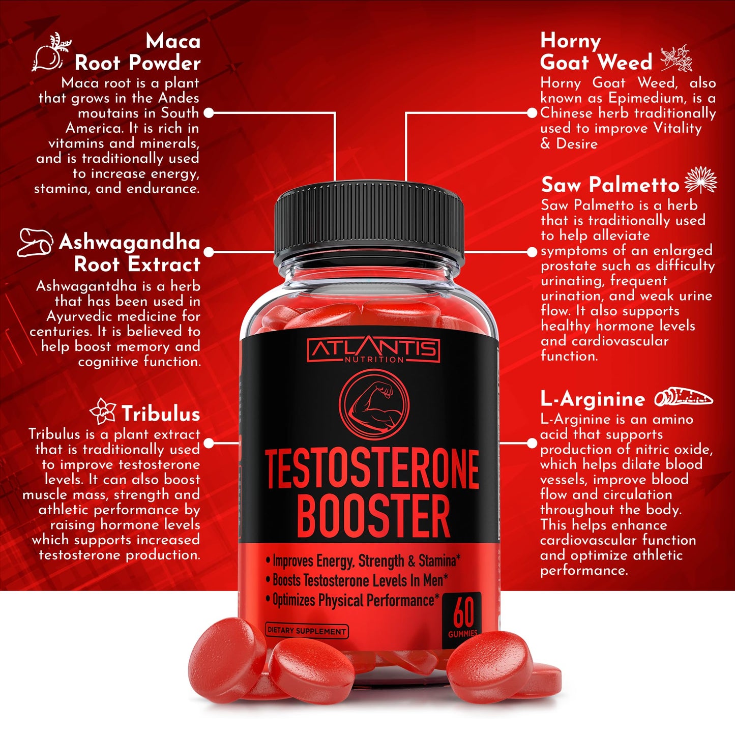Atlantis Nutrition Testosterone Booster Gummies For Men - Enhances Strength & Stamina - Optimizes Performance & Male Enhancement - Made With Tribulus, Horny Goat Weed, Maca Root | 2-Pack (120 Gummies)