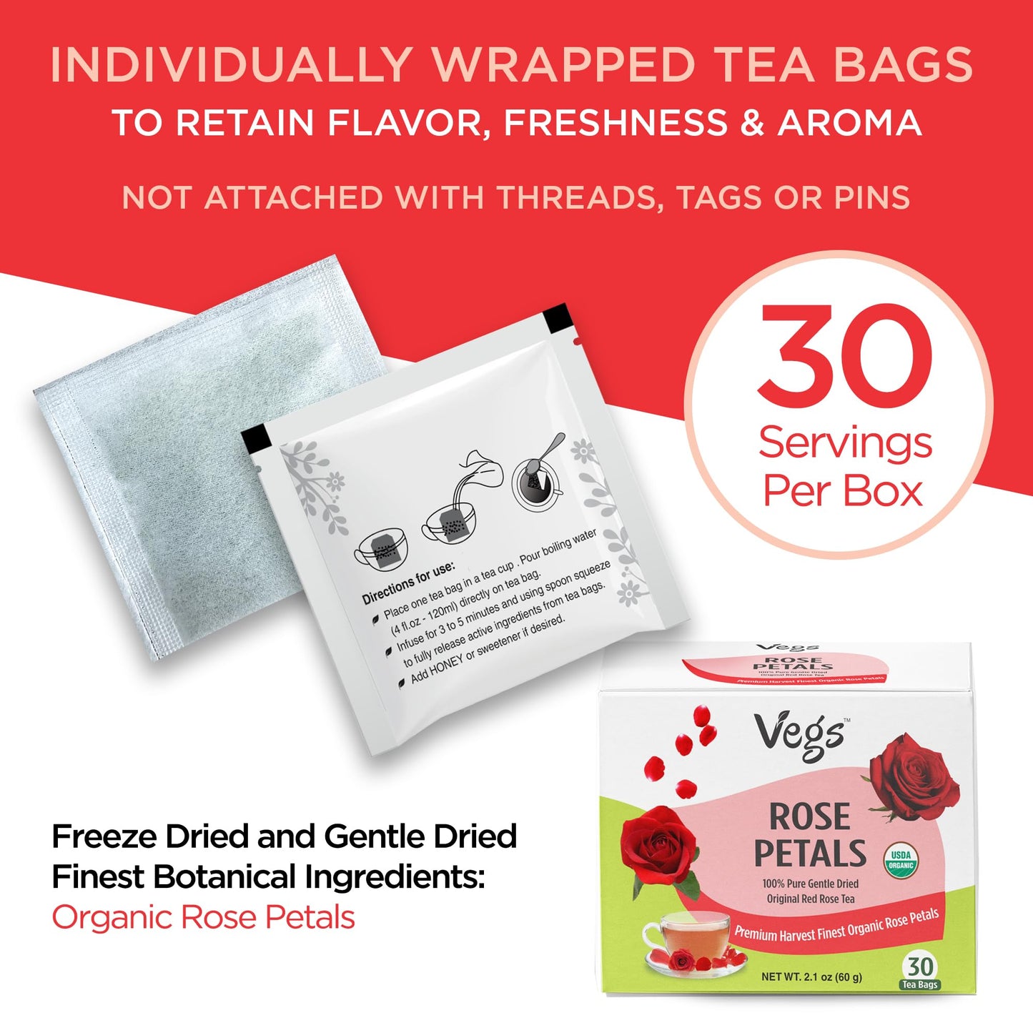 Vegs Rose Petals Tea  100 Pure Red Rose 30 Tea Bags  Organic Real Rose Flower Herbal Tea Caffeine Free  Premium Food Grade Rose Petals