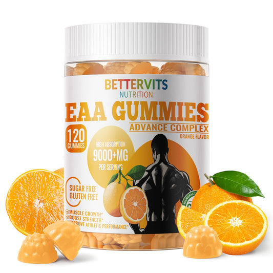 Bettervits Nutrition EAA Gummies 120 Gummies (Orange), 9000 mg Essential Amino Acids - All 9 Essential Aminos (EAA) and All Branched-Chain Aminos (BCAAs), Non-GMO, Gluten Free, Vegetarian Friendly