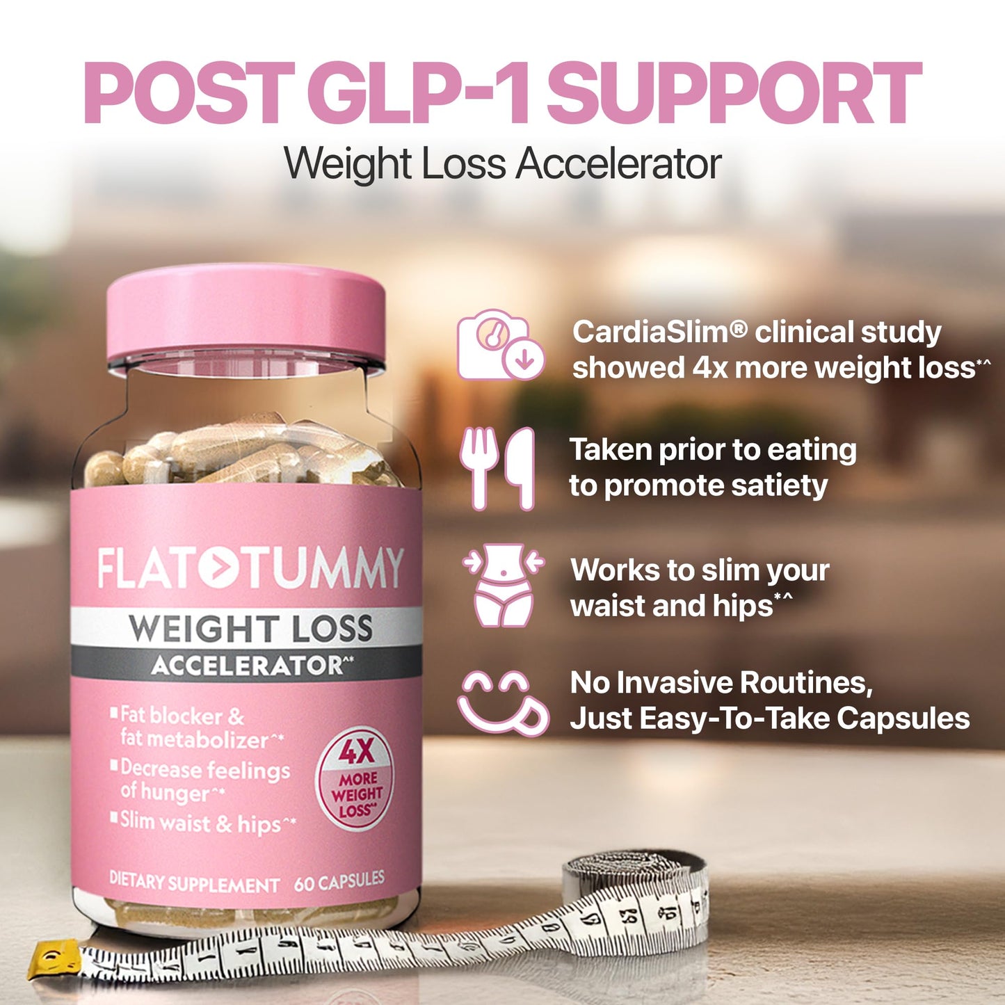 Flat Tummy Weight Loss Accelerator - Clinically Proven Fat Burner & Appetite Suppressant for Women, Post GLP-1 Supplement - Achieve a Slimmer Waist & HIPS - 60 Capsules