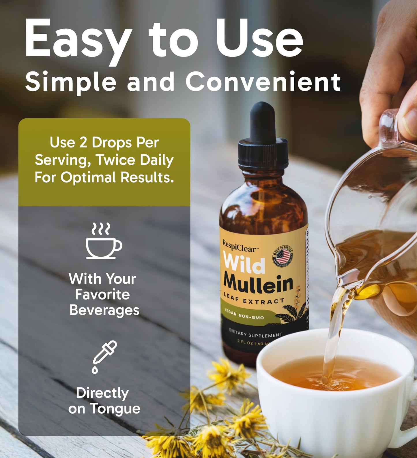 All-Natural Mullein Drops with Ginger & Lemon for Lung Cleanse and Detox, Mullein Leaf Extract for Respiratory Lung Health & Detox for Smokers, 1.2 oz Dropper