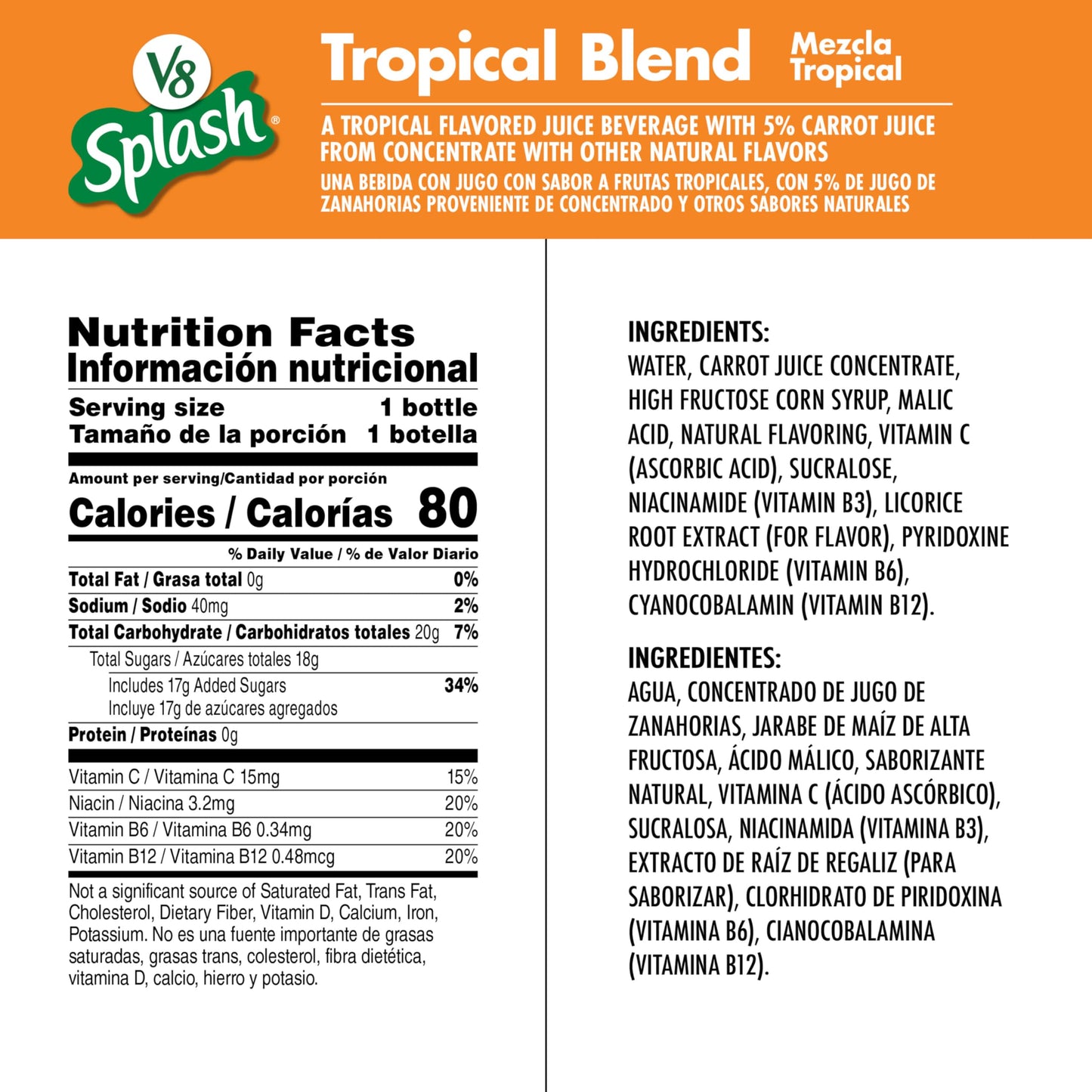 V8 Splash Tropical Blend Flavored Juice Beverage 16 fl oz Bottle 12 Pack