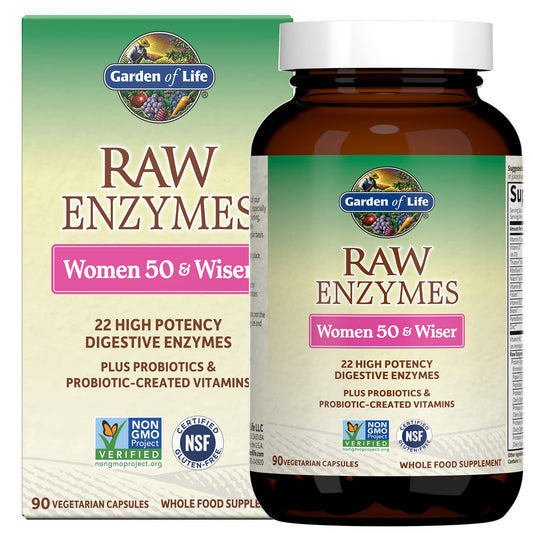 Garden of Life 22 Digestive Enzymes for Women 50 & Over with Bromelain, Papain & Lactase Plus Probiotics & Vitamins B12, Biotin & Zinc - RAW Enzymes - Non-GMO, Gluten-Free, Vegetarian, 90 Capsules