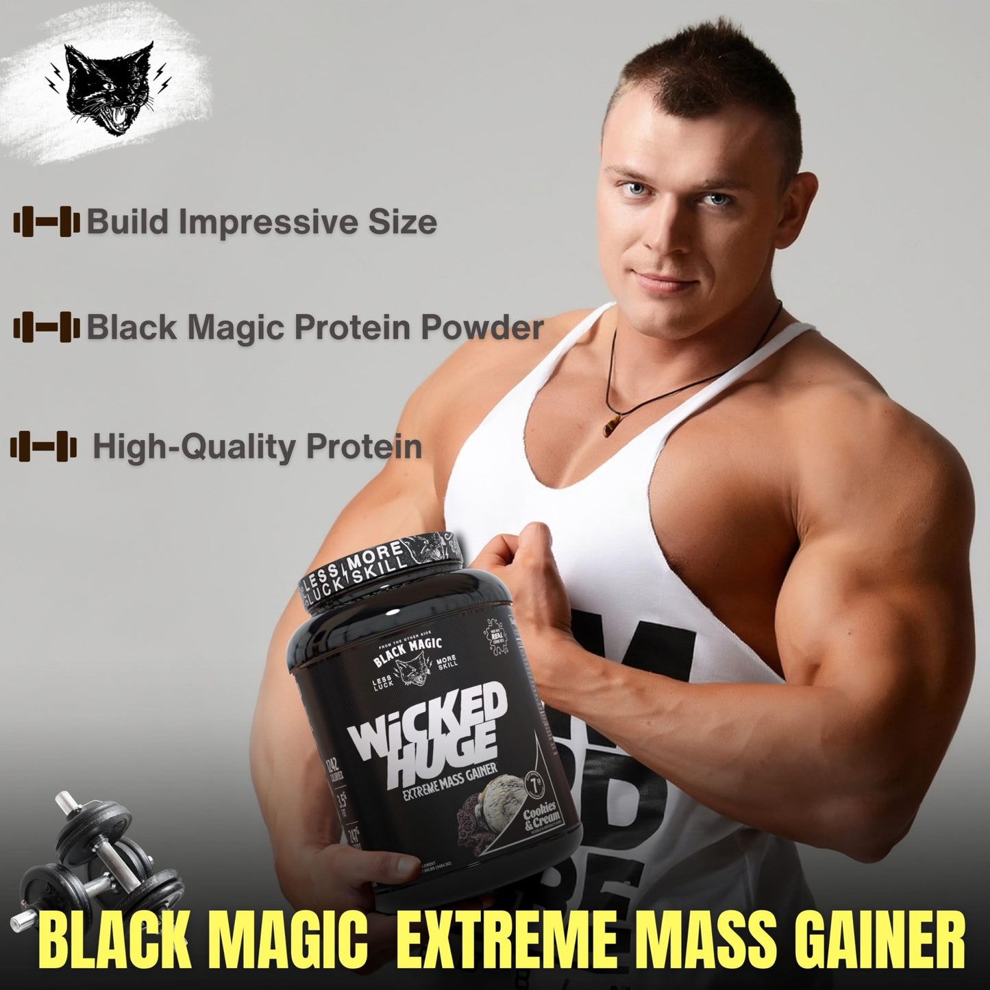 Worldwide Nutrition Bundle Compatible with Black Magic Wicked Huge - Mass Gainer Cookies and Cream Flavor for Muscle Support and Recovery, 7.68 LBS Protein Powder Supplement with Keychain