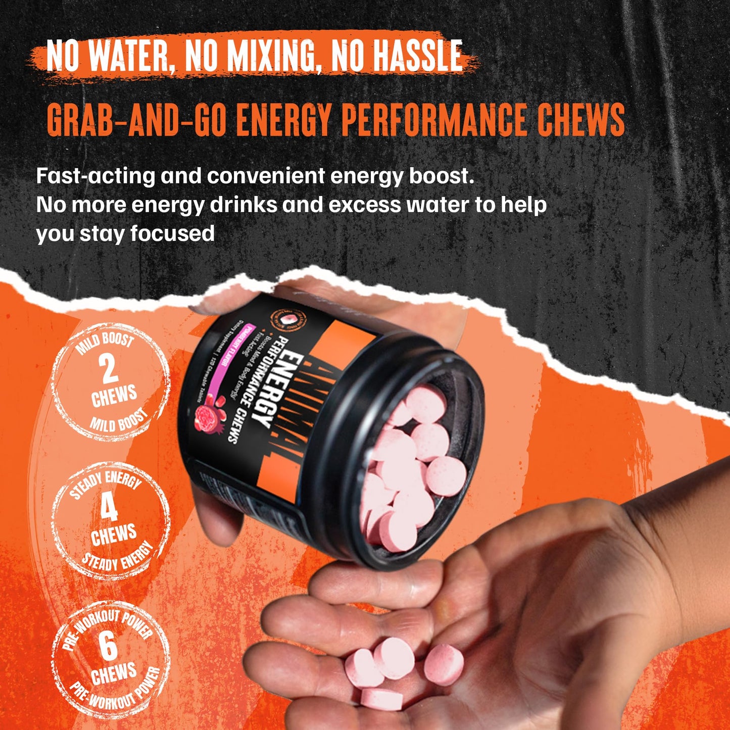 Animal Energy Chews with Caffeine - Fast Acting Energy, Nootropic Supplement with L-Tyrosine, L-Taurine, Sea Salt for Focus & Cognitive Performance, Pre Workout Gym, Cycling & Running Chews - Pomberry