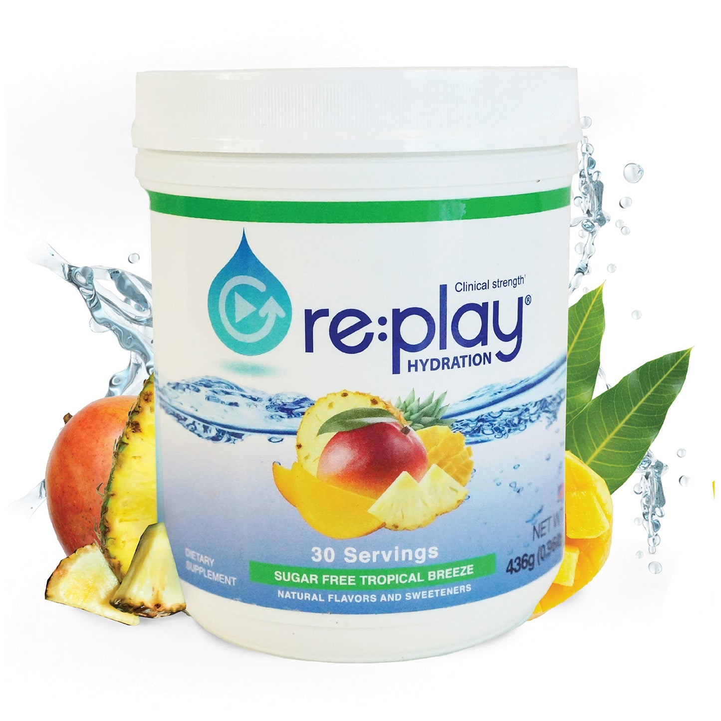 Re:Play Hydration Recovery Drink Powder, Sugar Free Tropical Breeze - 436g tub, 30 Servings