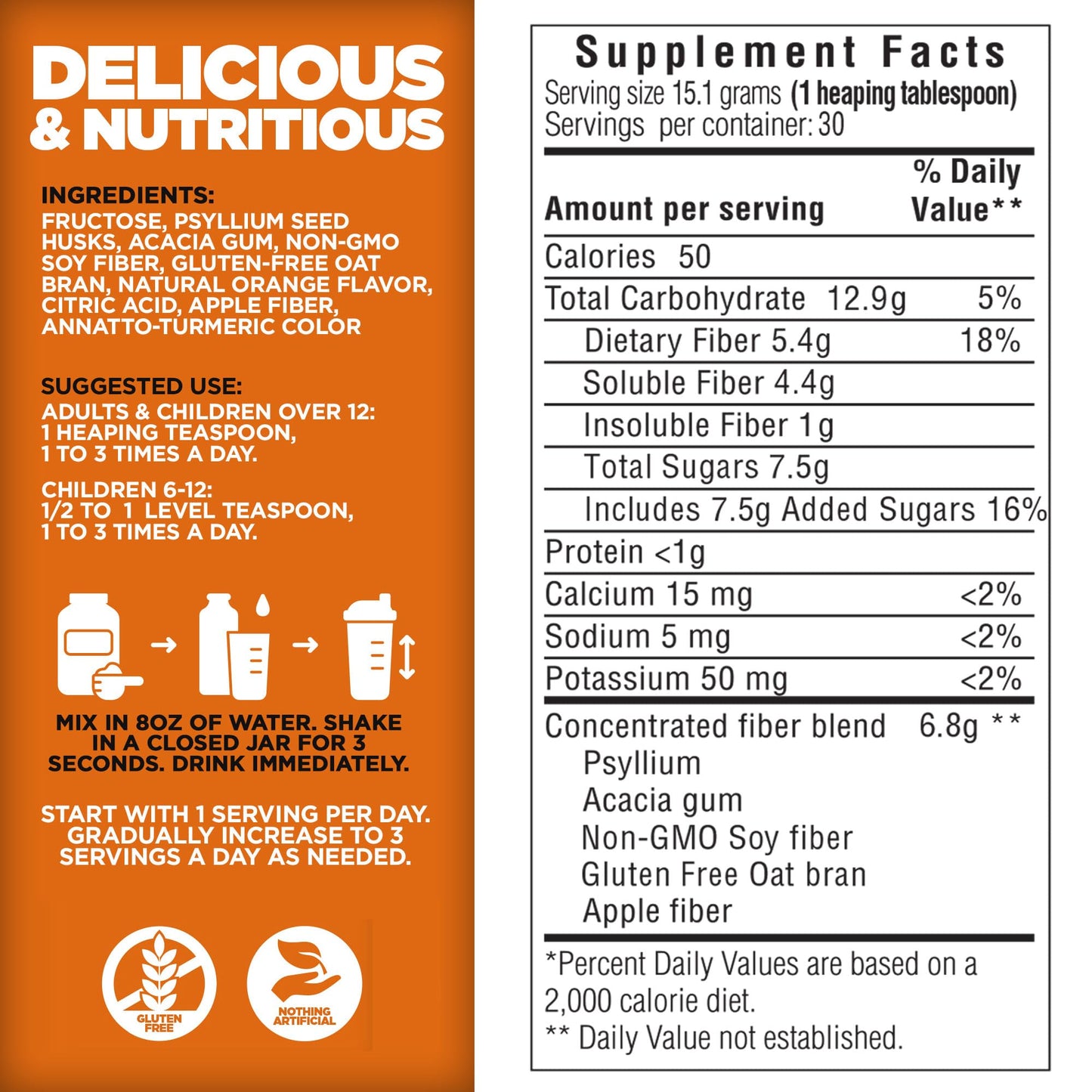 Yerba Prima Daily Fiber Formula 16 oz (Pack of 2) - Premium Dietary Fiber Supplement, Non-GMO, Gluten Free, Made in The USA, Orange Flavor