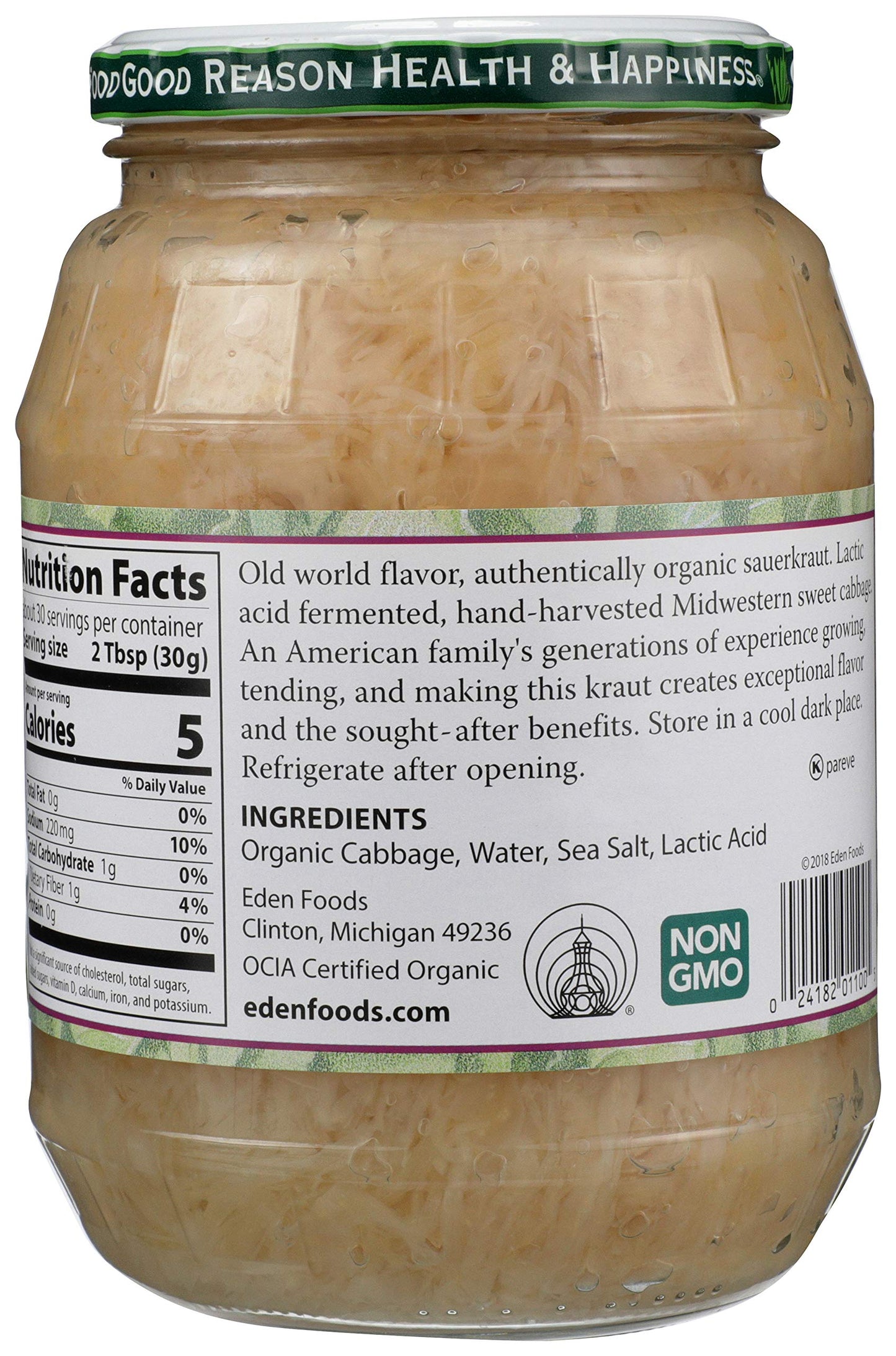 Eden Organic Sauerkraut 32 oz Glass Jar Fine Cut