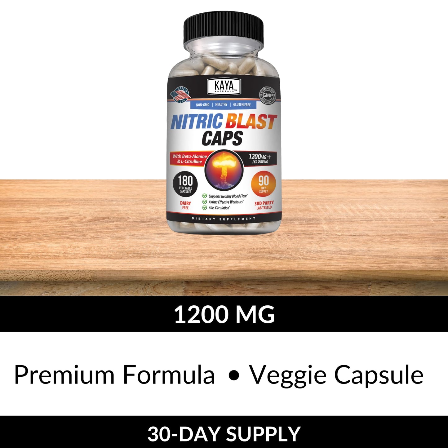 Kaya Naturals - Nitric Blast Potent All-Natural Herbal Supplement for Maximum Health Benefits | Pre-Workout | Increased Energy | Improved Nighttime Performance (180 Count (Pack of 1)