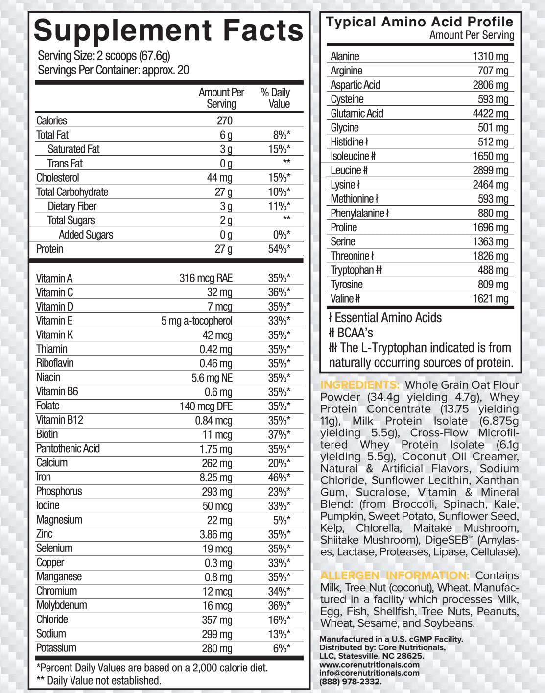 Core Nutritionals Platinum MRP Full Spectrum Meal Replacement, Sustained Release For All Day Amino Acid Support, 27G Protein, 20 Servings (Banana Nut Bread)
