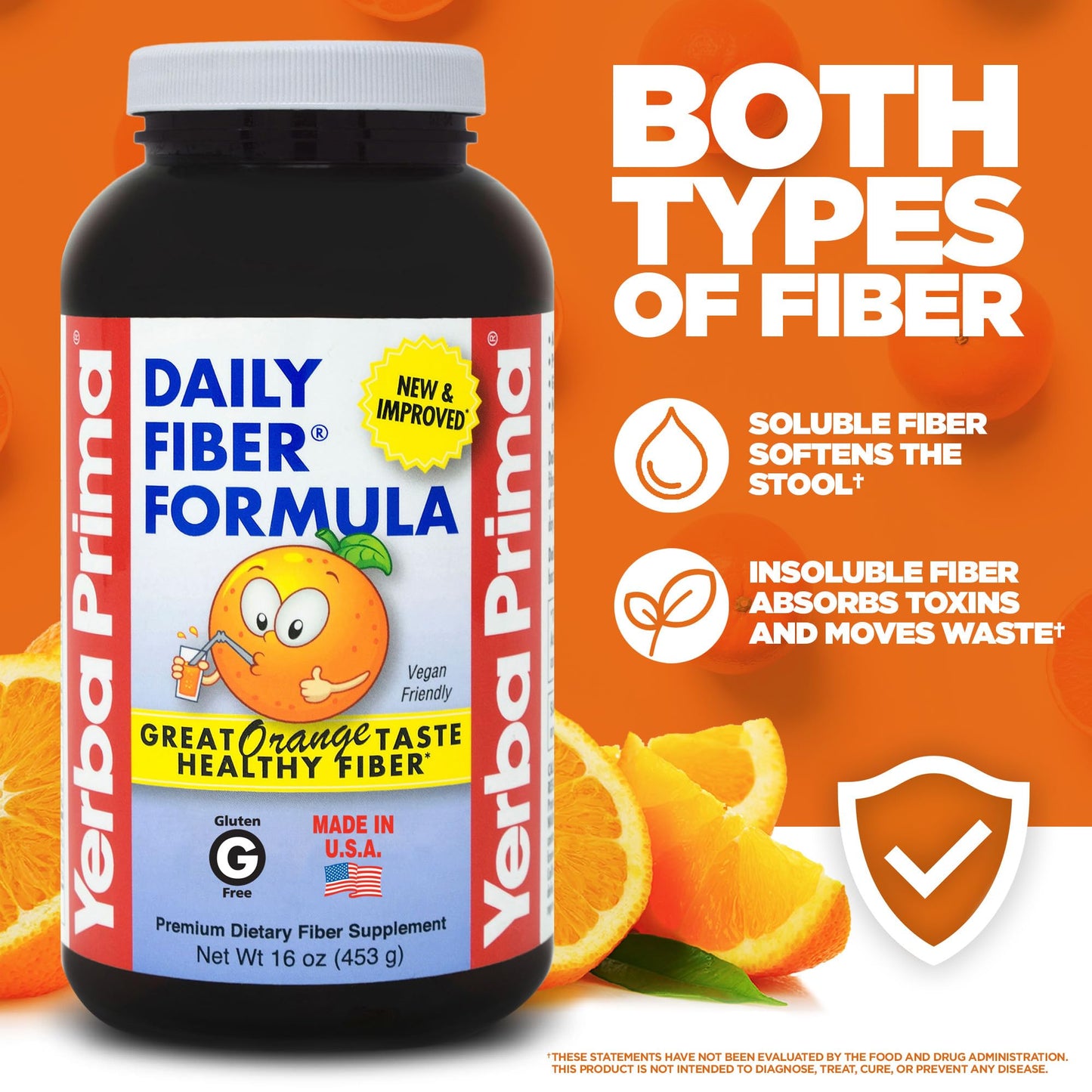 Yerba Prima Orange Daily Fiber Formula 1pound - Non-GMO, Gluten Free, Made in The USA, Delicious Natural Orange Flavor