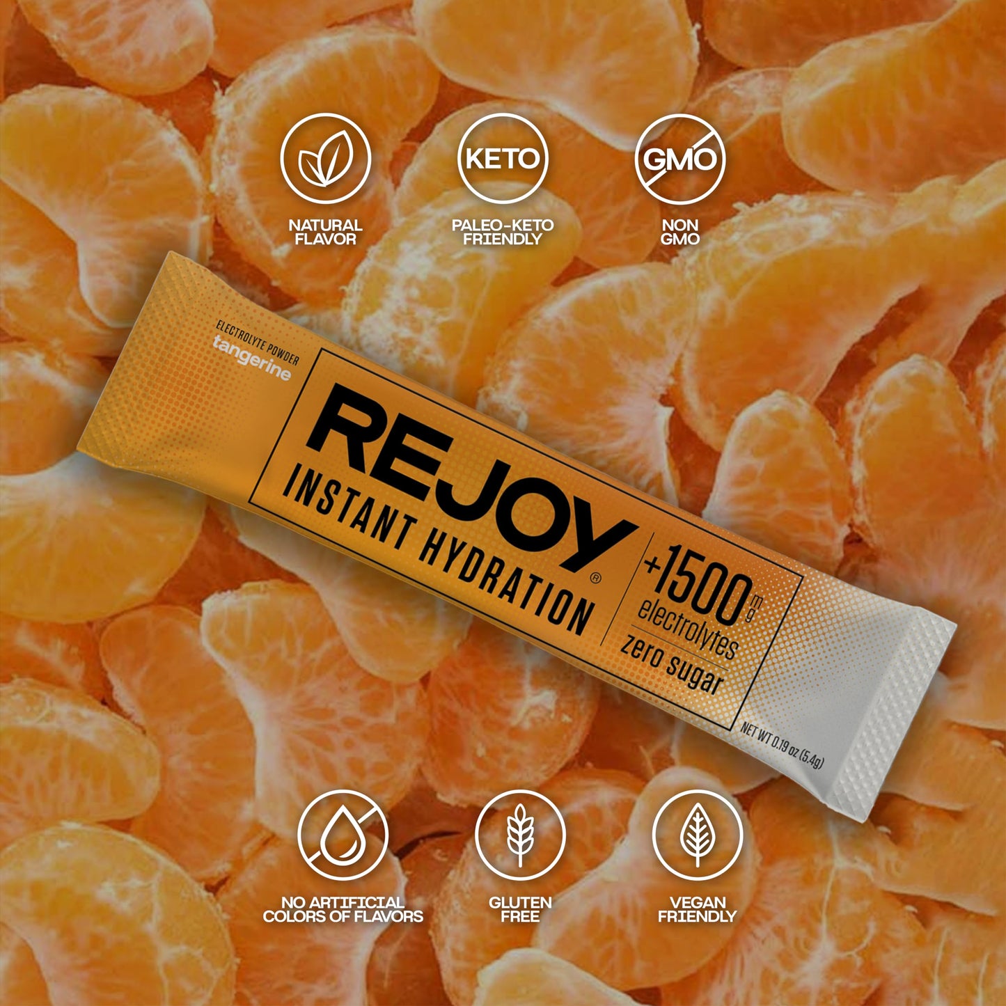 Rejoy - Electrolyte Powder Packets, 10 Sticks - Hydration Drink Mix Supplement - Sugar Free, Keto and Paleo Friendly, Vegan, Non-GMO, Easy Open Single-Serving Stick (Tangerine)