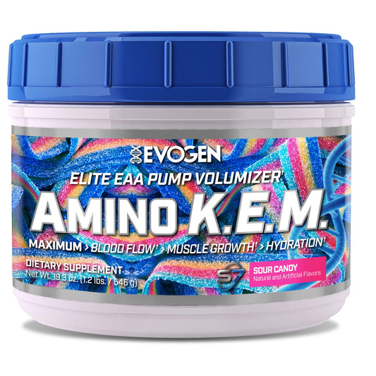 Evogen Amino K.E.M. - EAA & BCAA Powder Pump Volumizer | BCAAs Amino Acids Supplement for Blood Flow, Muscle Growth, & Hydration | Sour Candy | 30 Servings