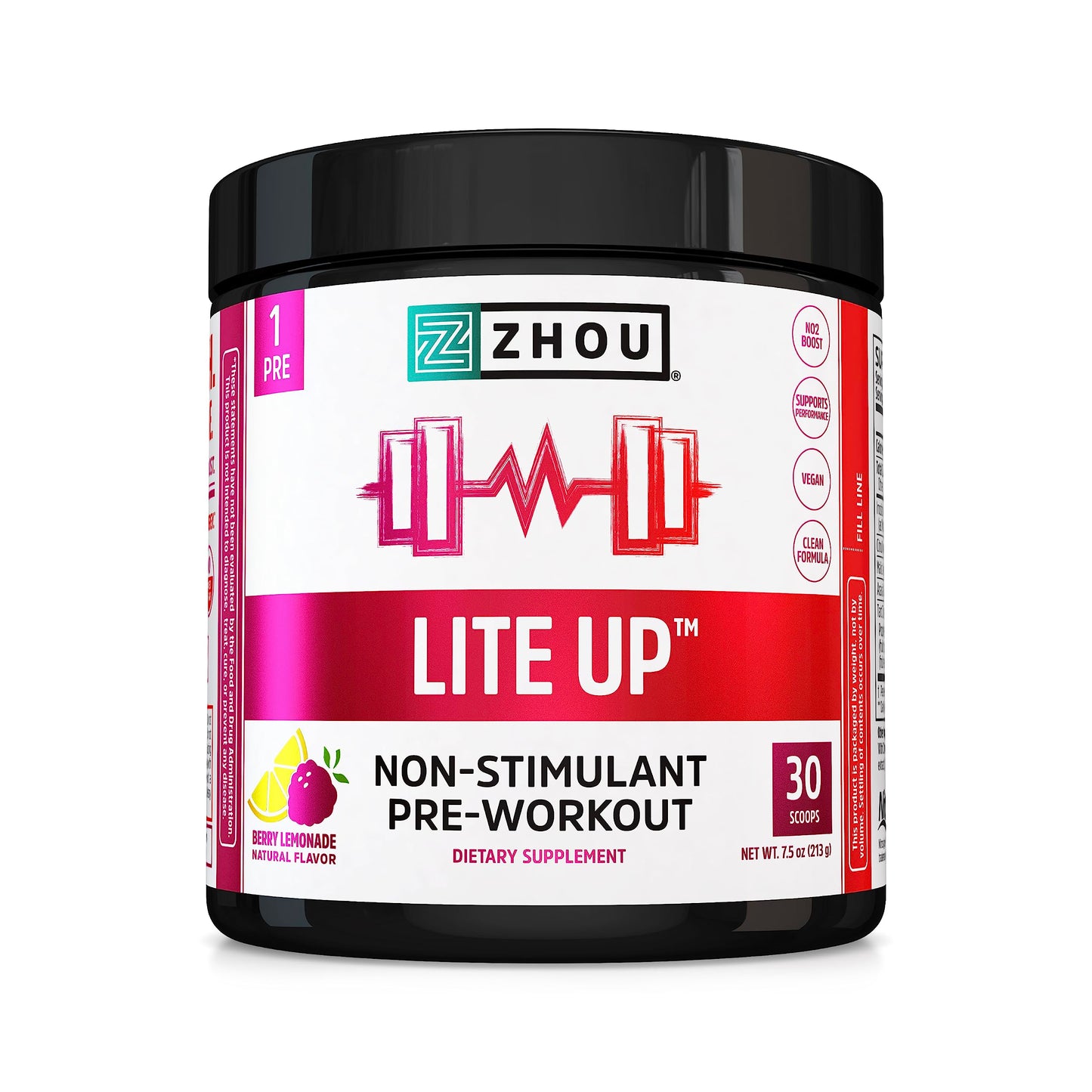 Zhou Nutrition Lite Up, Non-Stimulant Pre Workout Powder, Caffeine Free Nitric Oxide Booster, No Sugar Added, Vegan, Gluten Free, Non GMO, Berry Lemonade, 7.5 Oz