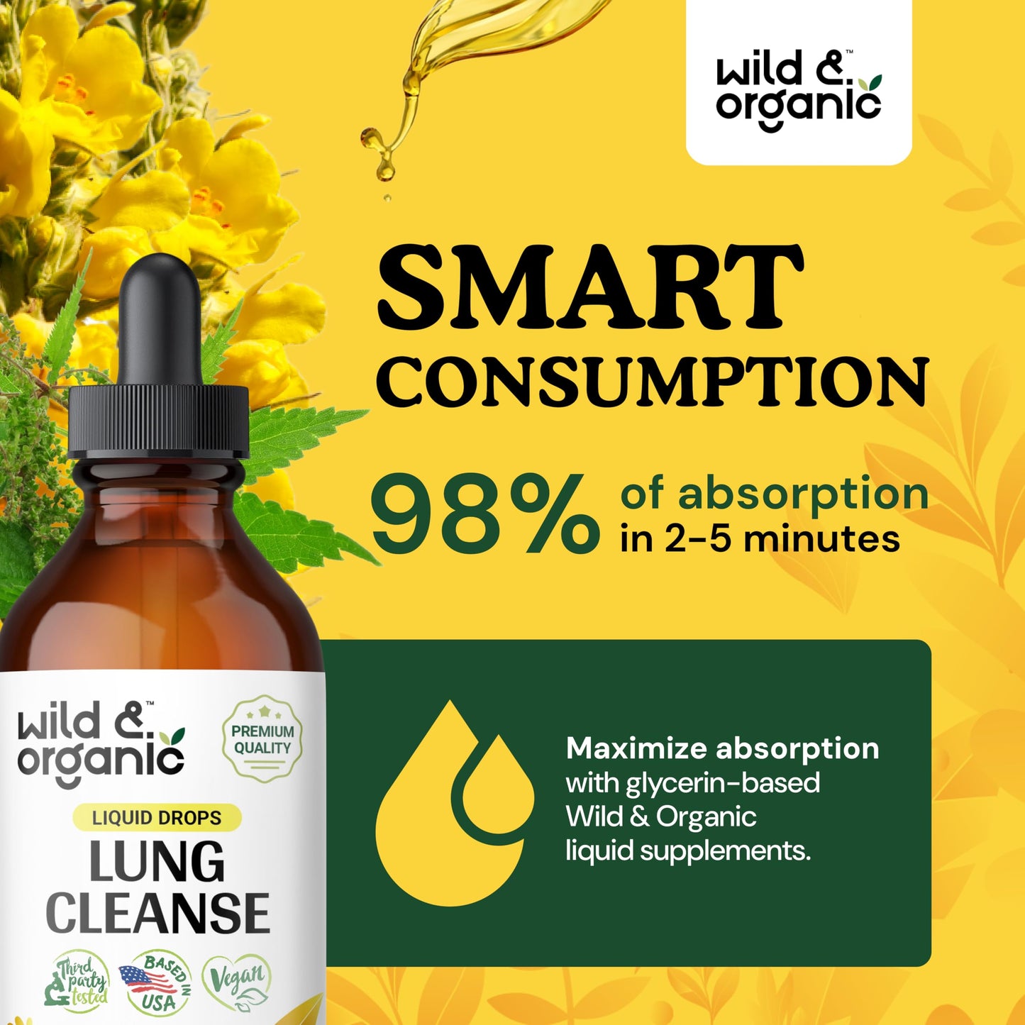 Wild & Organic Lung Cleanse Detox Tincture - Mullein Drops for Lungs - Herbal Mullein Extract Supplement - Vegan, Alcohol-Free Drops - 4 fl oz