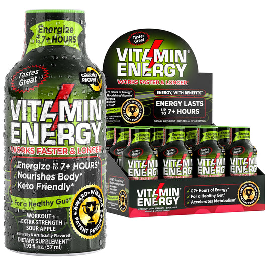 Vitamin Energy Workout+ Energy Shot - Sour Apple - 100% DV B-Vitamins & 260mg Natural Caffeine - Zero Calories, Sugar-Free, Vegan, Non-GMO - Pre-Workout & Endurance Support