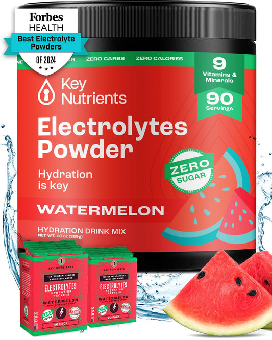 KEY NUTRIENTS Multivitamin Electrolytes Powder No Sugar - Refreshing Watermelon Electrolyte Powder - Endurance & Energy Supplement - Hydration Powder - No Calories - 90 Servings - Made in USA