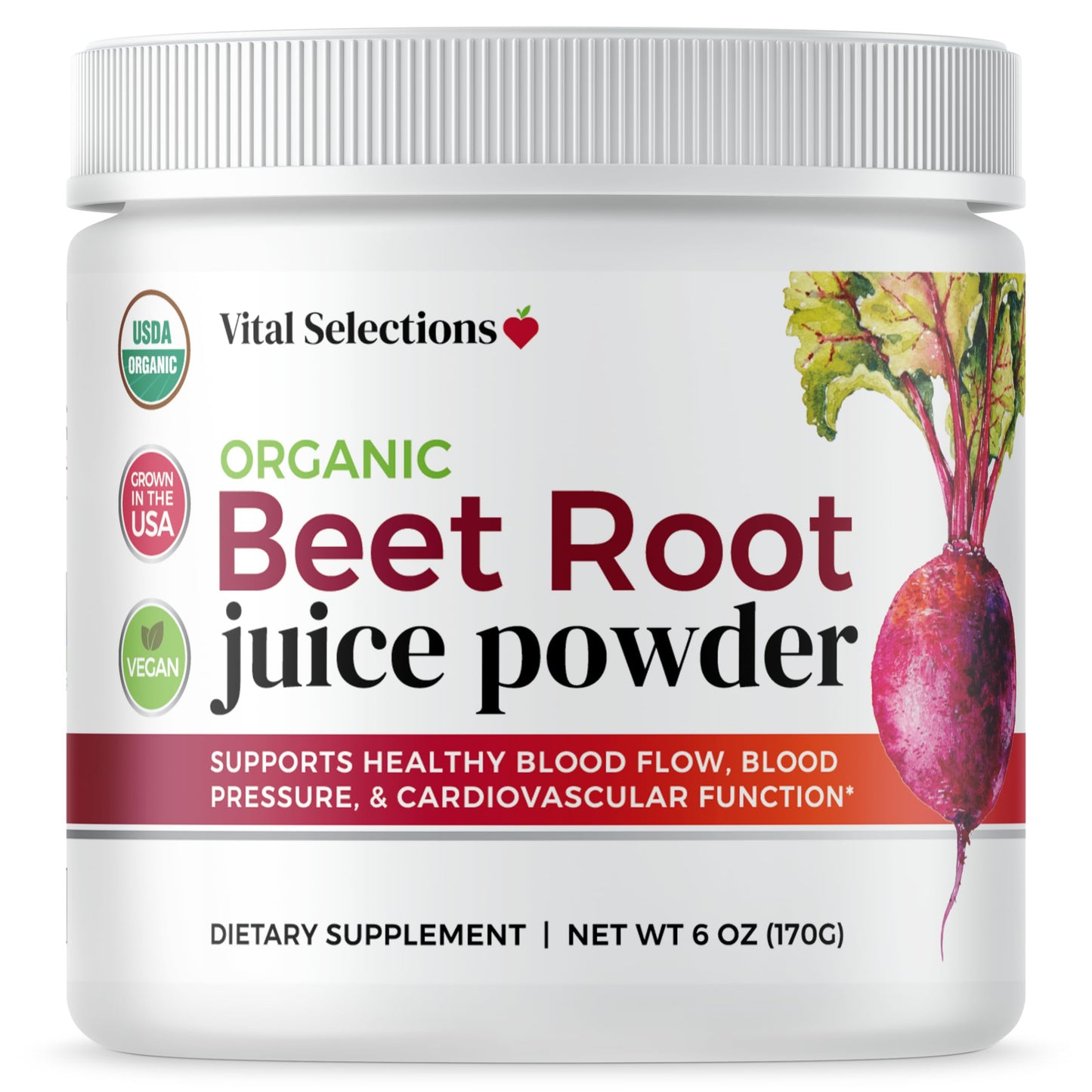 Vital Selections 100% Organic Beet Root Juice Powder, Highest Purity and Potency, USA Grown, Superior Beet Drying Technology, Maximum Nitric Oxide Boost for Cardio Support and Athletic Performance
