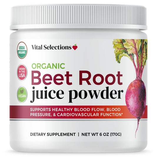 Vital Selections 100% Organic Beet Root Juice Powder, Highest Purity and Potency, USA Grown, Superior Beet Drying Technology, Maximum Nitric Oxide Boost for Cardio Support and Athletic Performance