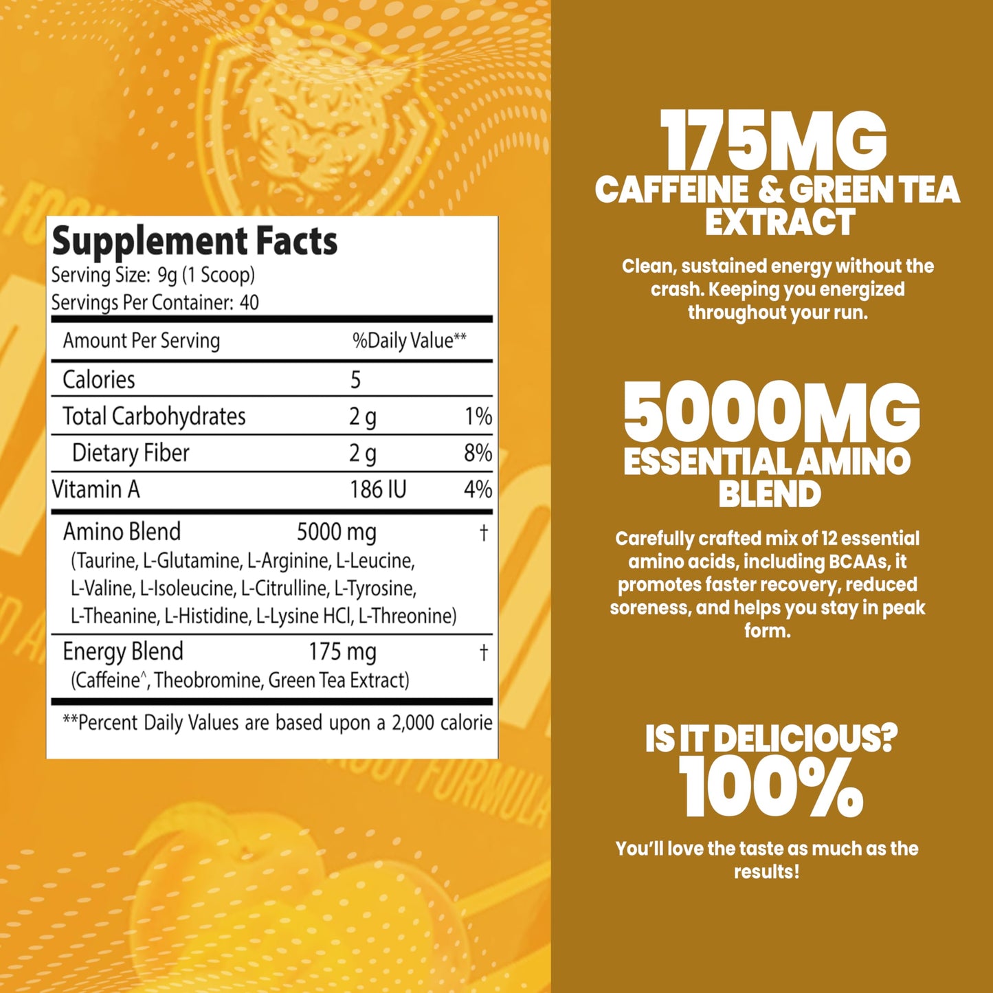 6AM Run Marathon, Pre Workout Powder for Distance Running, High Energy Amino Formula, for Cardio and Stamina, No Jitters, All Natural, Keto, Vegan, Peach Mango Flavor, 40 Servings
