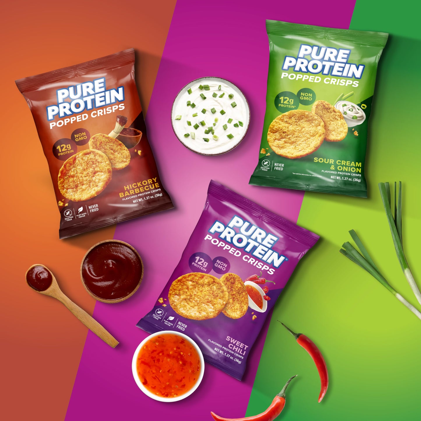 Pure Protein Popped Crisps, High Protein Snack, 12G Protein, Variety Pack: Hickory Barbecue, Sour Cream & Onion, Sweet Chili, 12 Count