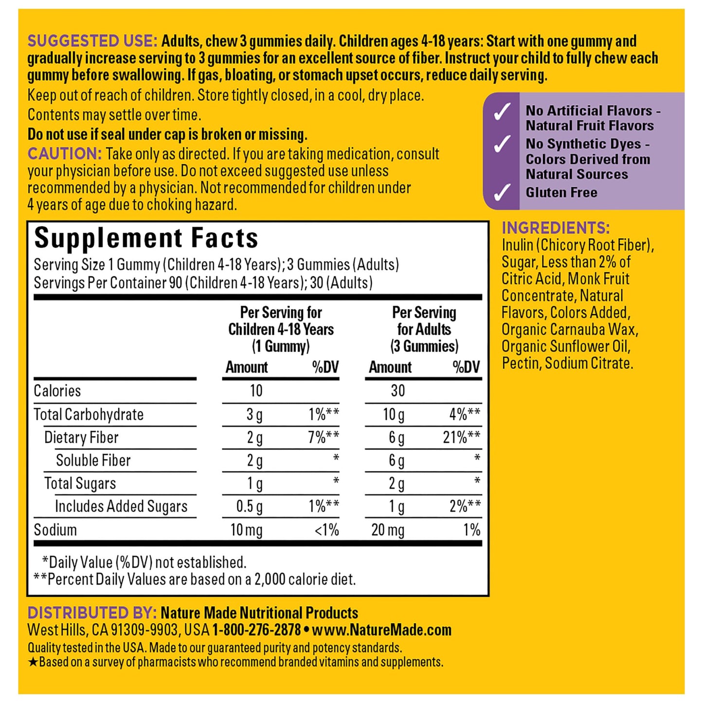 Nature Made Prebiotic Fiber Gummies for Adults and Kids, Fiber Supplement for Digestive System Support, 90 Gummies