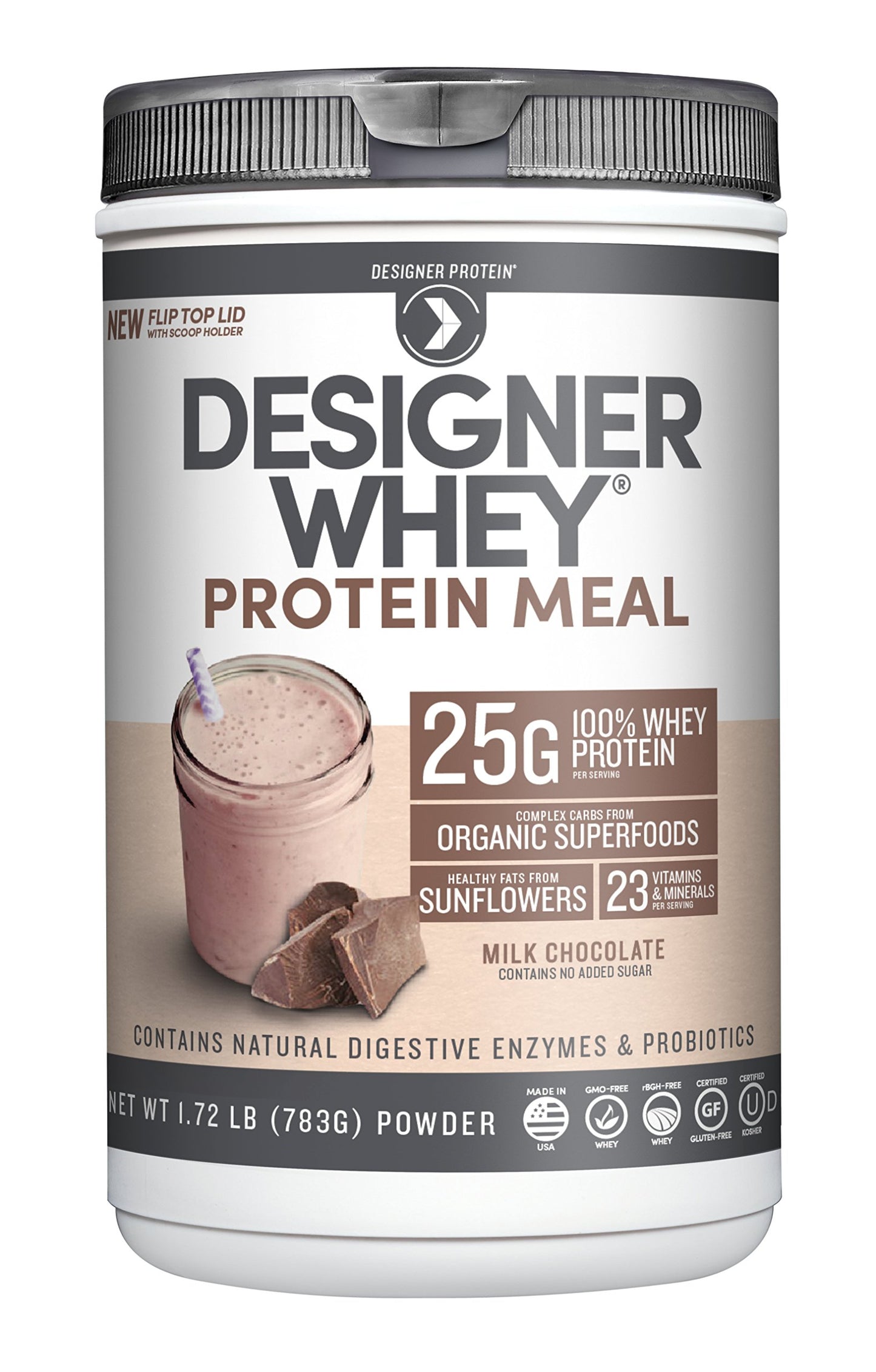 Designer Wellness, Designer Whey Protein Meal Replacement Powder, Organic Superfood Complex Carbs, Vitamins, Minerals, Gluten-Free, Milk Chocolate, 1.72 Pound