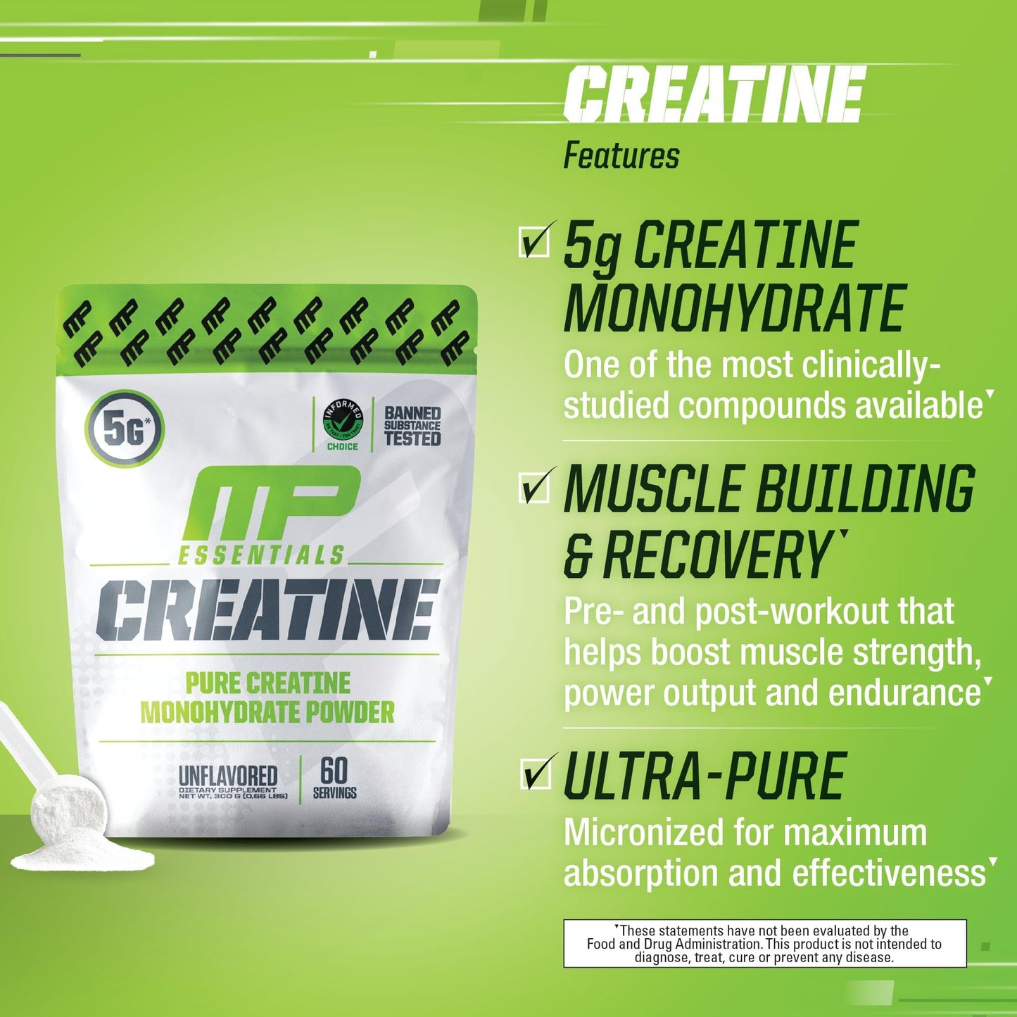 MusclePharm Essentials Creatine Monohydrate Powder, Pre Workout Muscle Builder & Post Workout Muscle Recovery Supplement, Ultra-Pure 100% Monohydrate Creatine Powder, 60 Servings, Unflavored